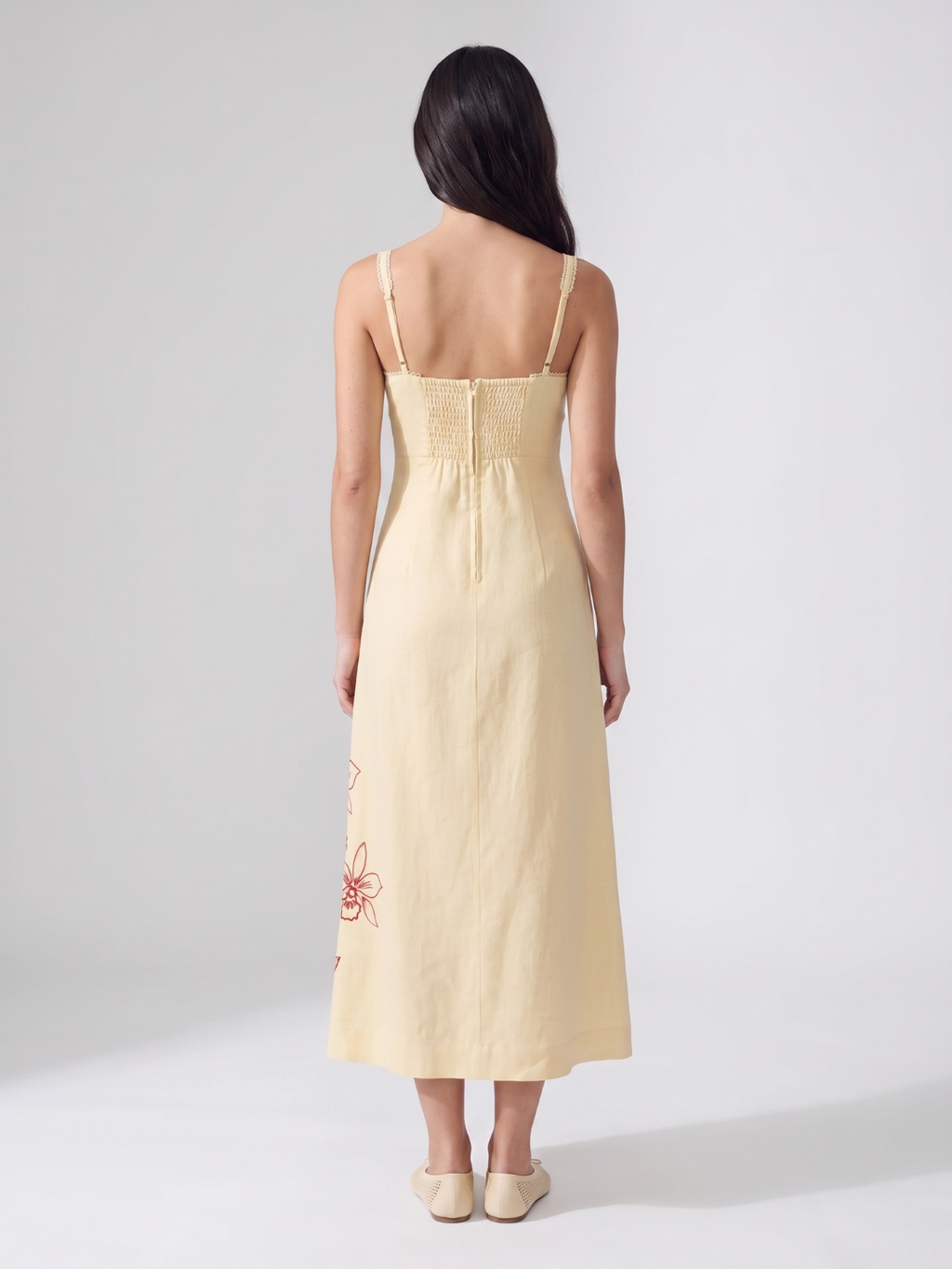 Ensley | Embroidered Floral Sweetheart Linen Midi Dress