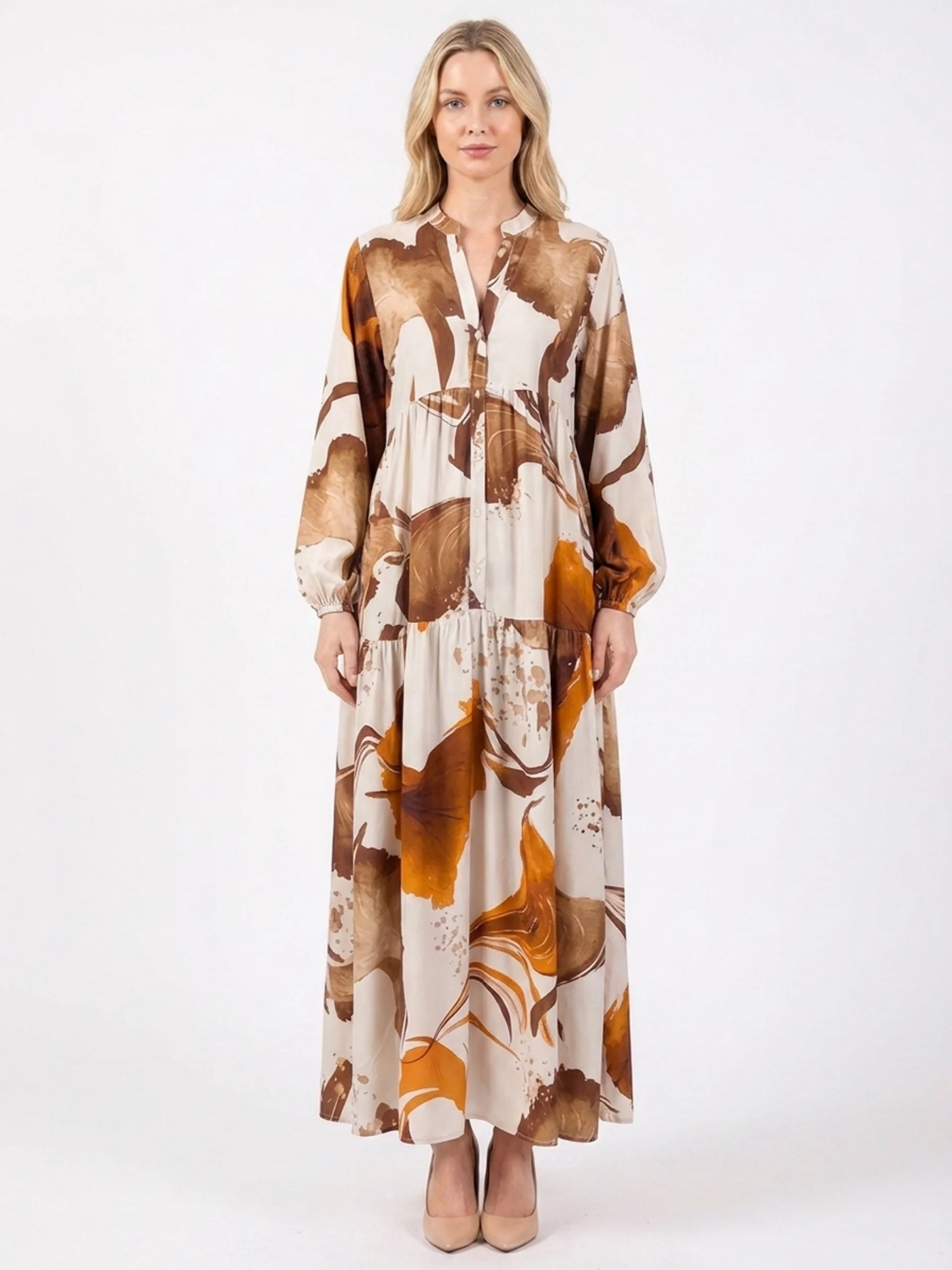 RAYLEE Women's Long Sleeve Abstract Print Maxi Shirt Dress