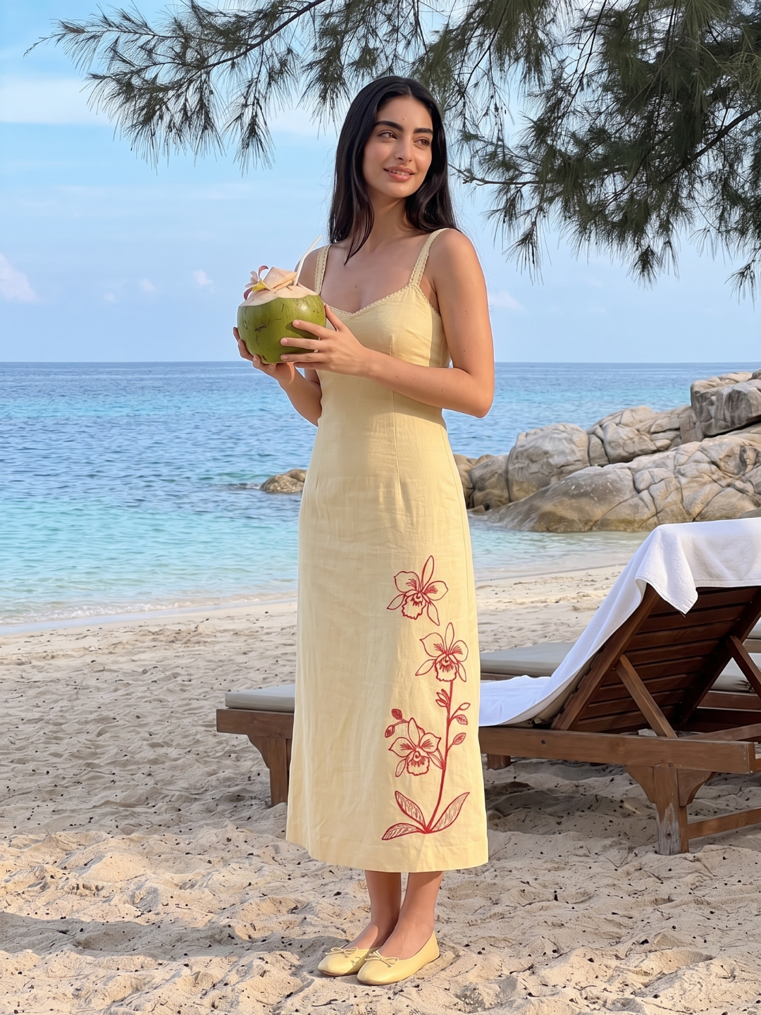 Ensley | Embroidered Floral Sweetheart Linen Midi Dress