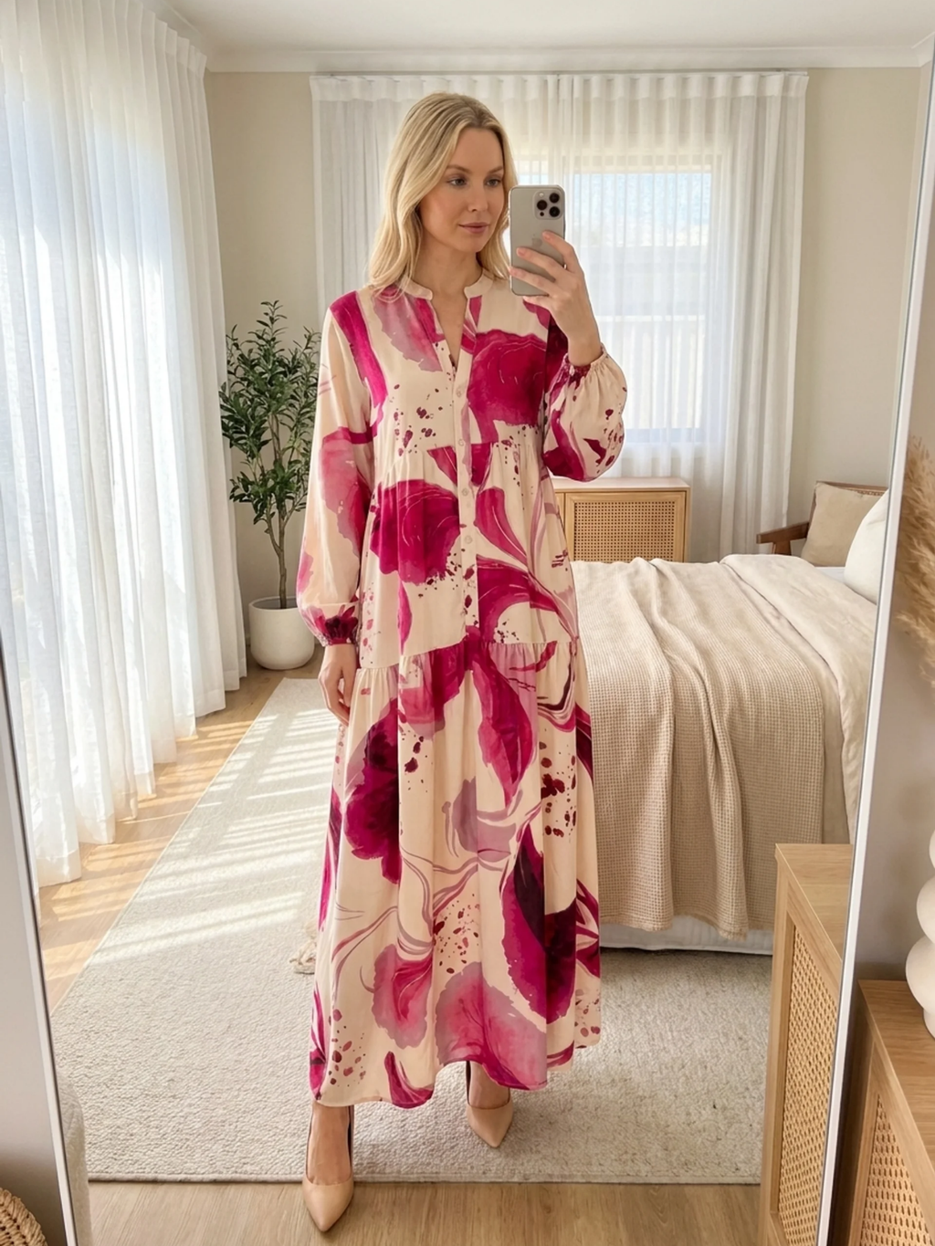 RAYLEE Women's Long Sleeve Abstract Print Maxi Shirt Dress