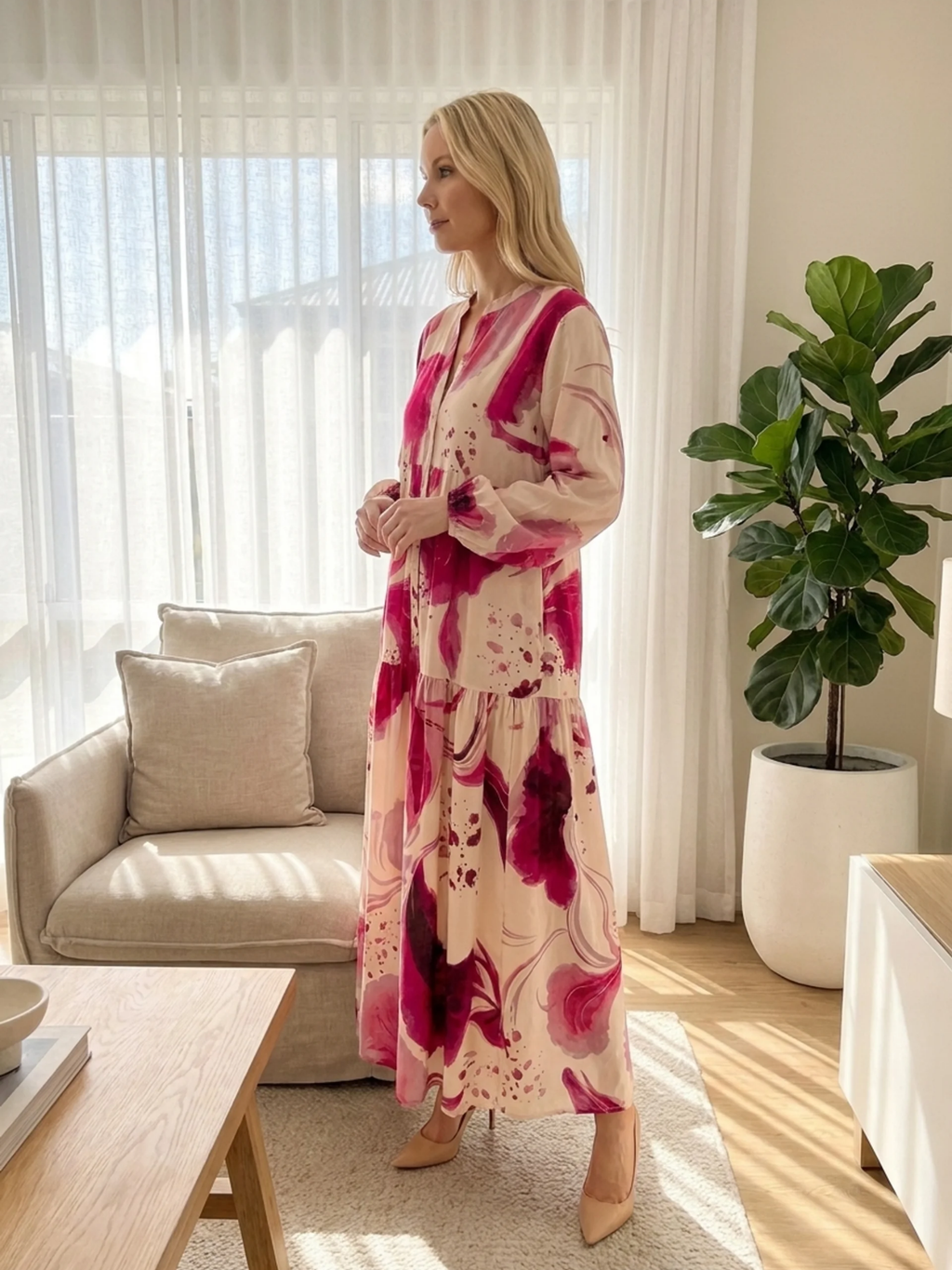 RAYLEE Women's Long Sleeve Abstract Print Maxi Shirt Dress