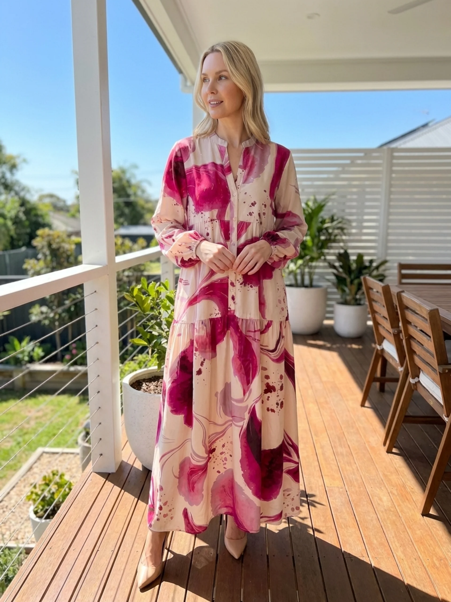RAYLEE Women's Long Sleeve Abstract Print Maxi Shirt Dress