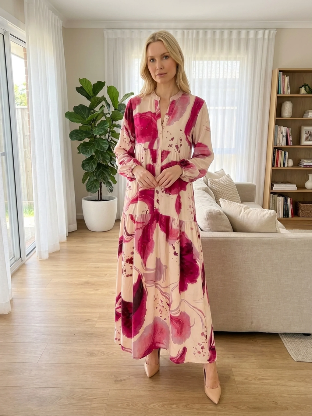 RAYLEE Women's Long Sleeve Abstract Print Maxi Shirt Dress