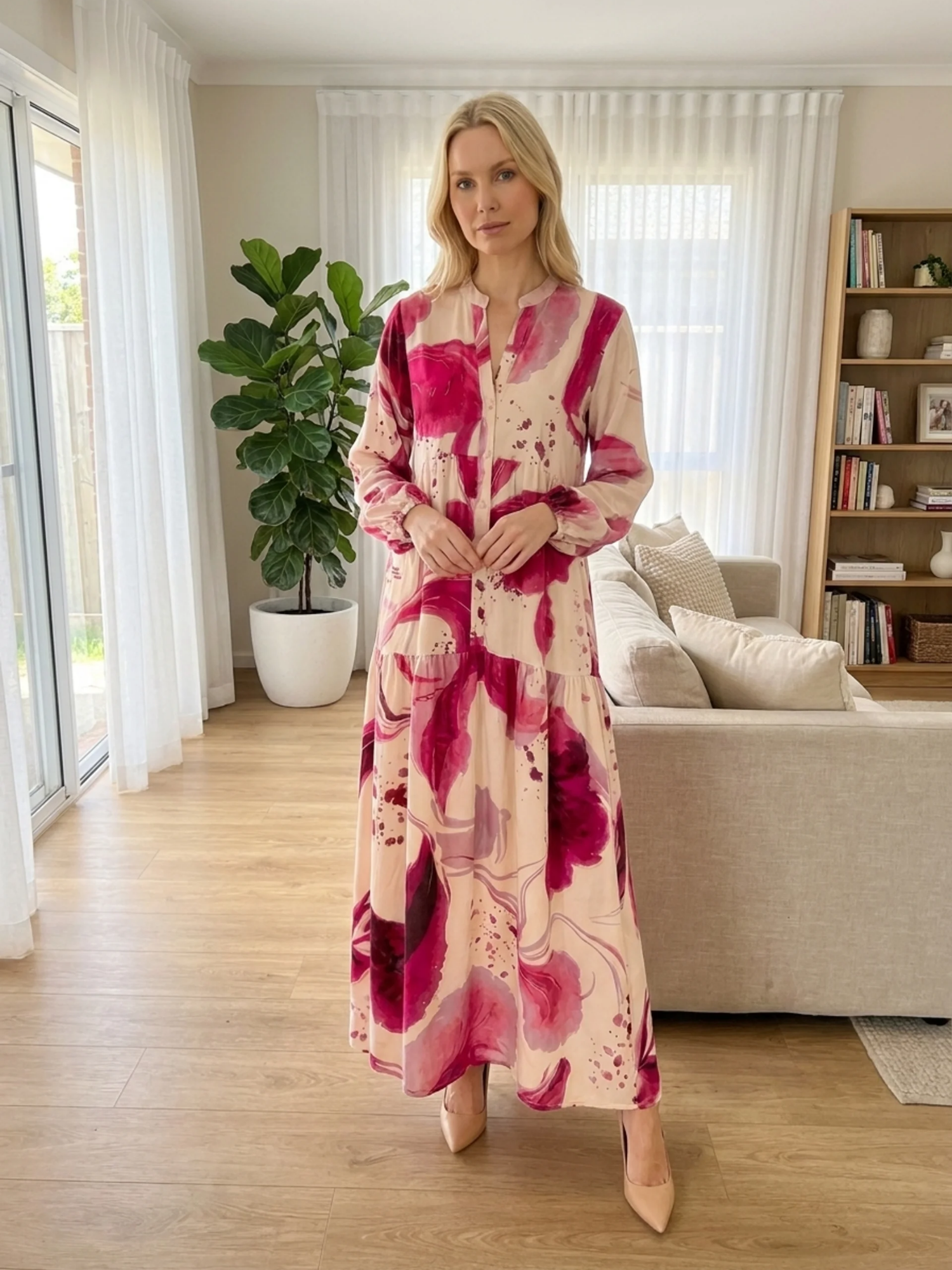 RAYLEE Women's Long Sleeve Abstract Print Maxi Shirt Dress