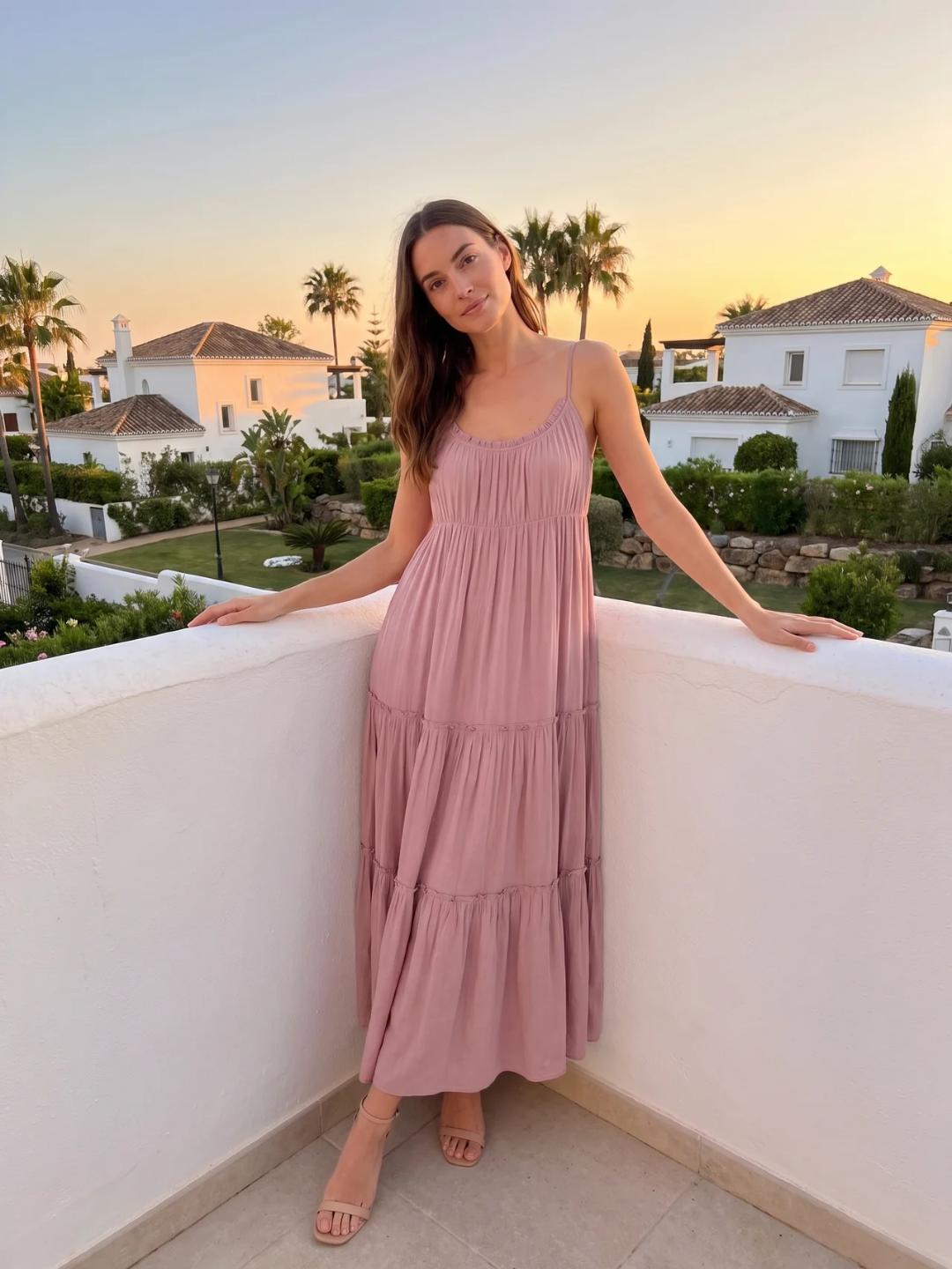 Abigail | Ruched Neckline Frill Tiered Flowy Maxi Dress
