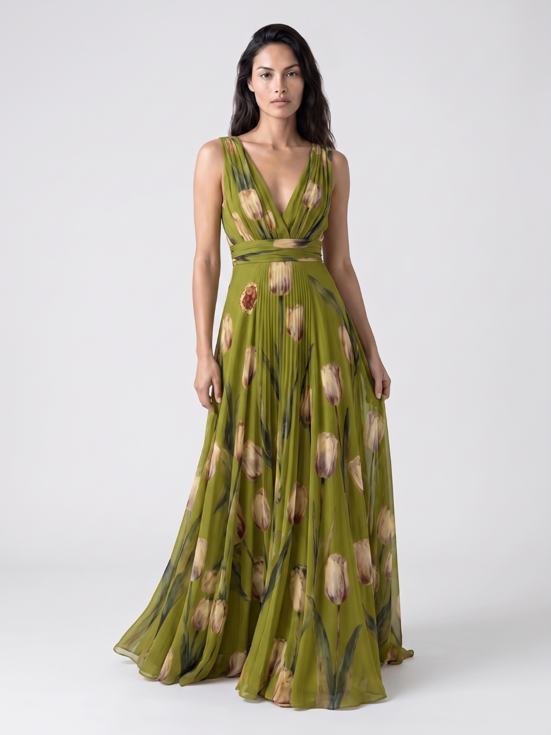 Eliana | Tulip Print V-Neck Pleated Maxi Dress