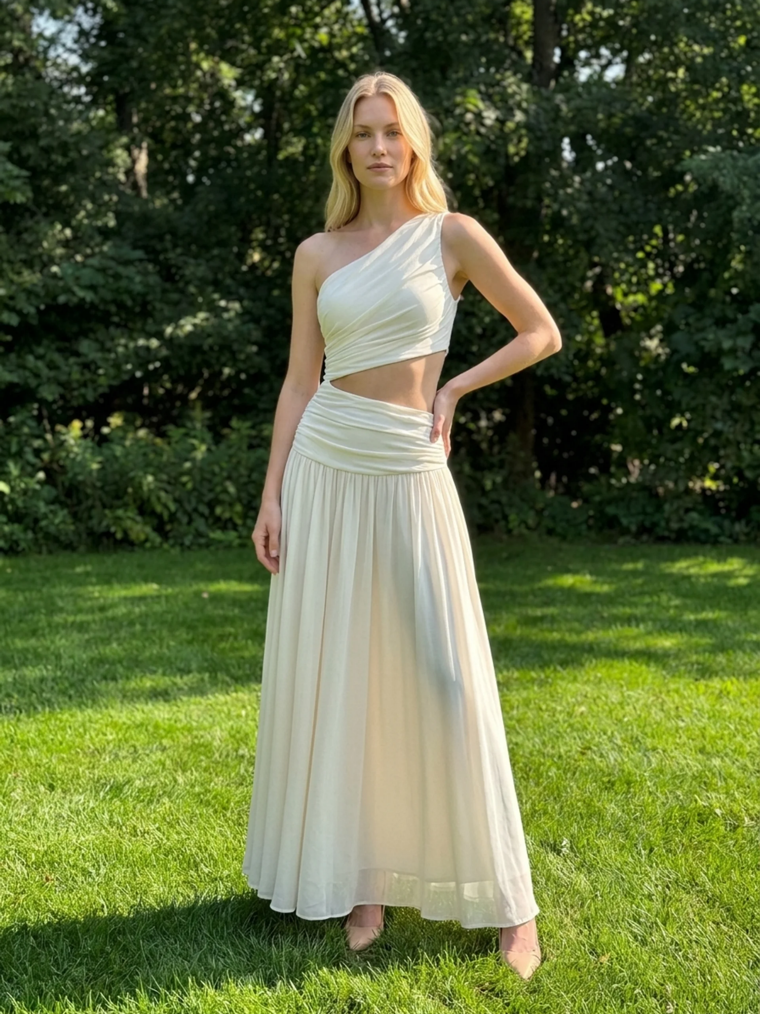 TENLEY Women's One-Shoulder Crop Top and Ruched Maxi Skirt Set