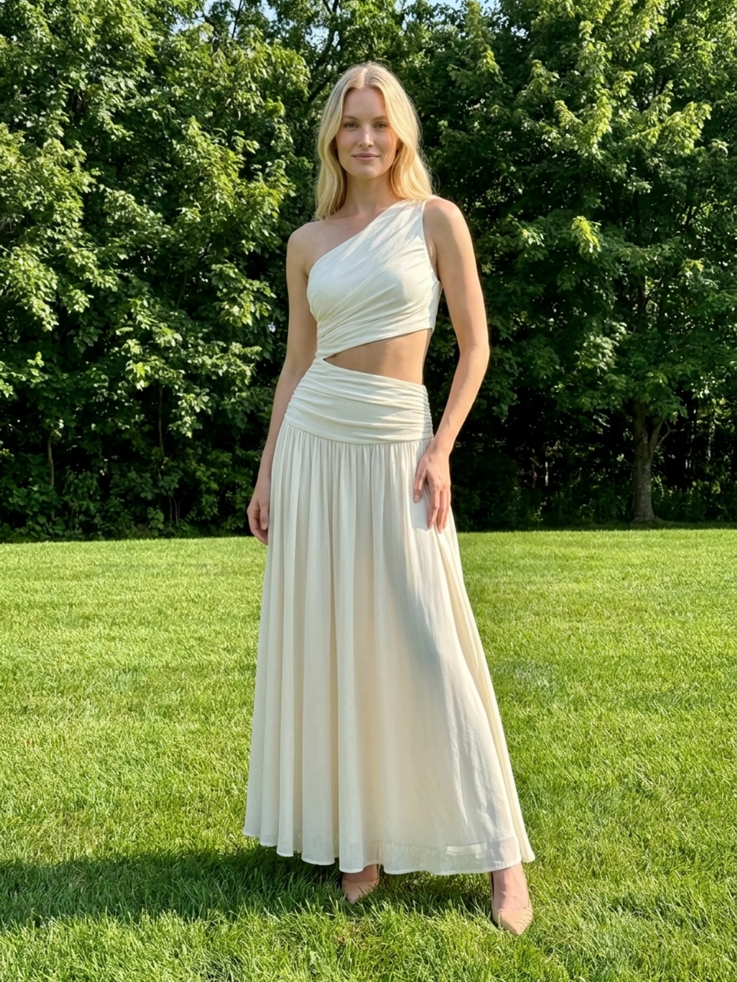 TENLEY Women's One-Shoulder Crop Top and Ruched Maxi Skirt Set