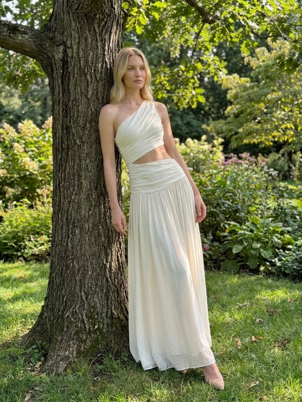 TENLEY Women's One-Shoulder Crop Top and Ruched Maxi Skirt Set
