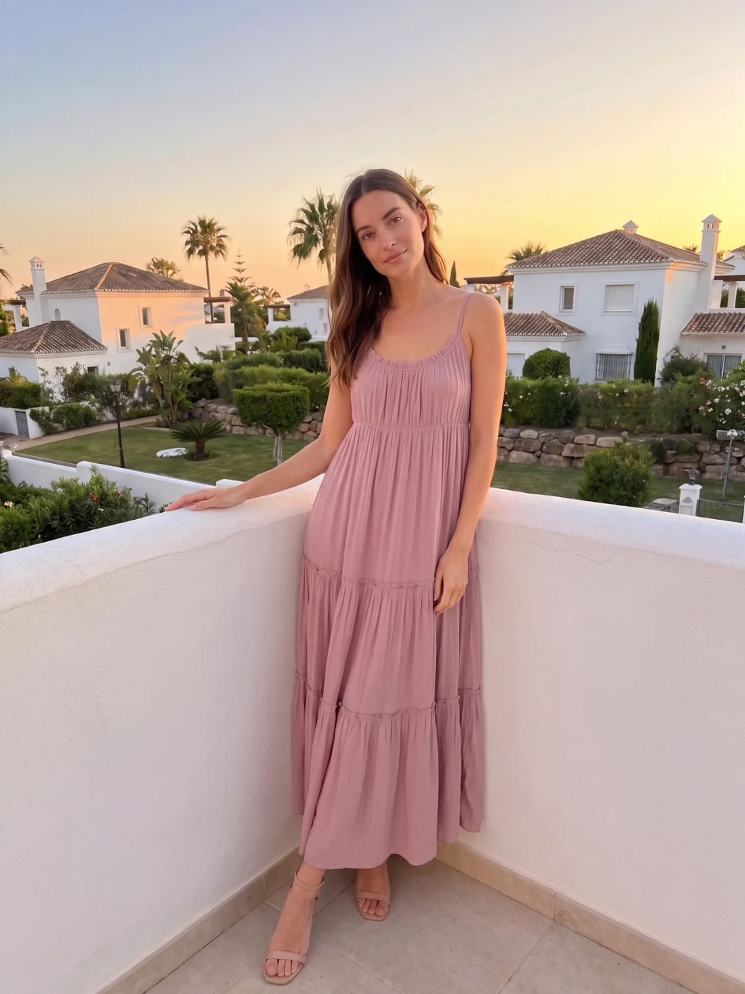 Abigail | Ruched Neckline Frill Tiered Flowy Maxi Dress