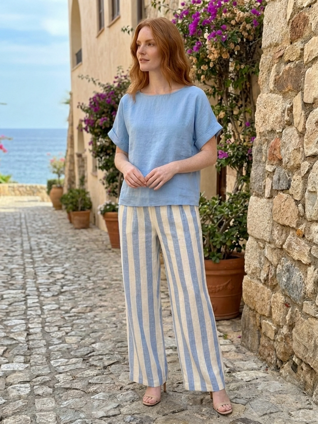 LORELEI Women's Short Sleeve Top and Striped Wide Leg Trouser Set