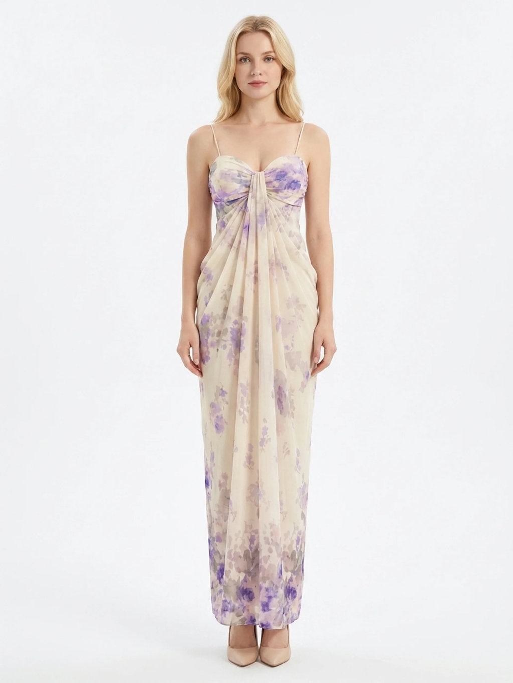 WYNTER Women's Spaghetti Strap Floral Print Draped Maxi Dress