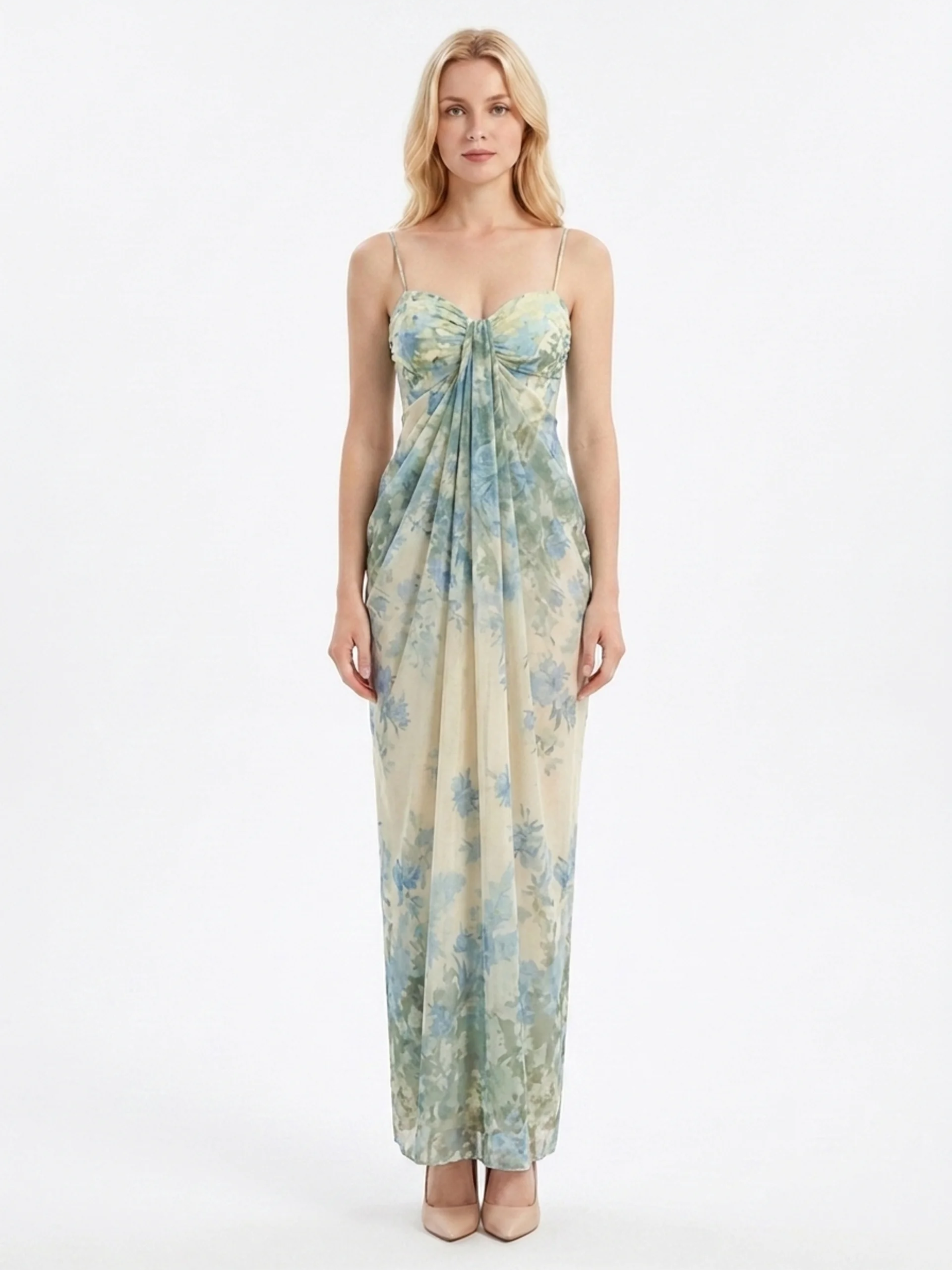 WYNTER Women's Spaghetti Strap Floral Print Draped Maxi Dress