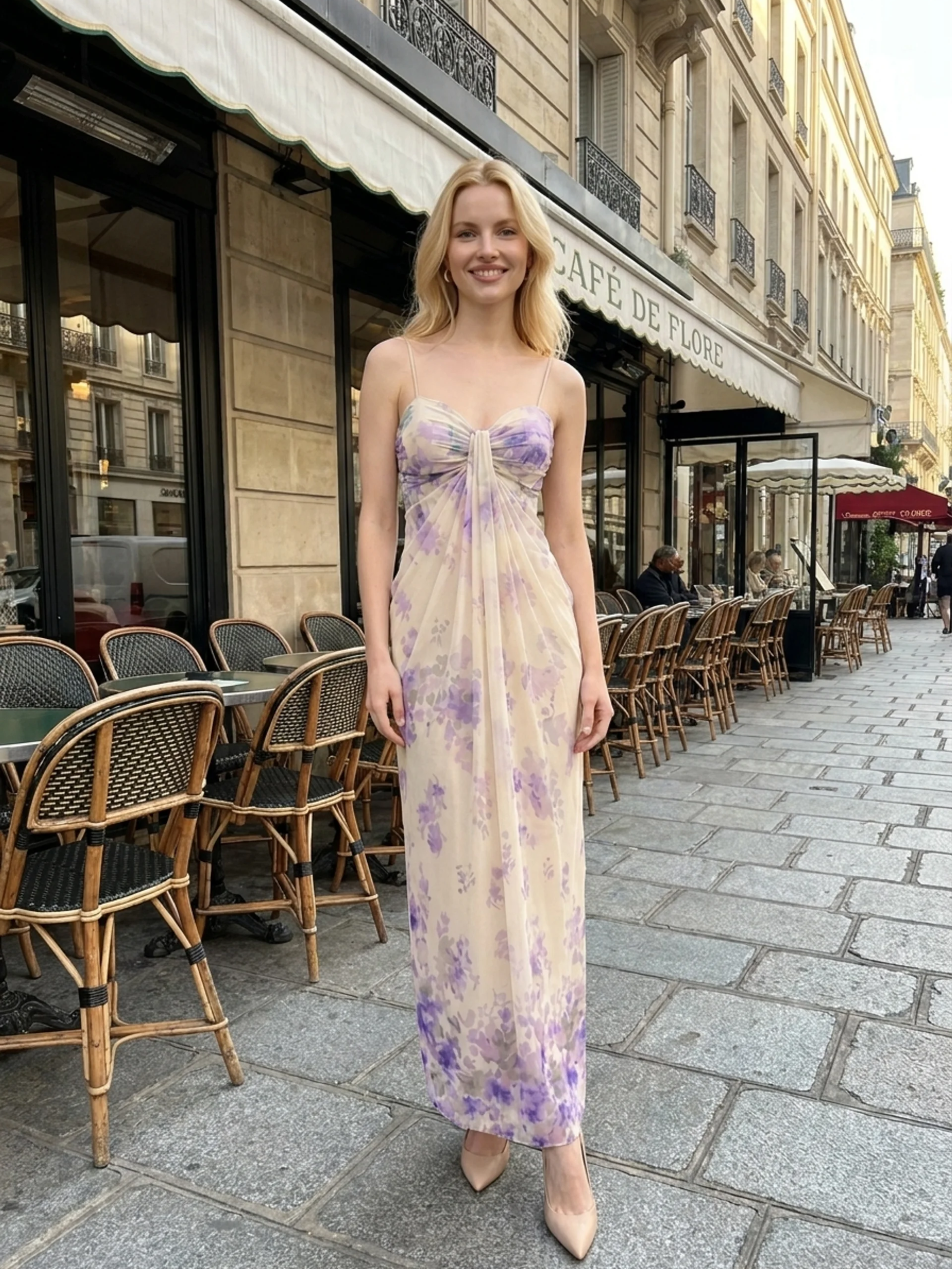 WYNTER Women's Spaghetti Strap Floral Print Draped Maxi Dress