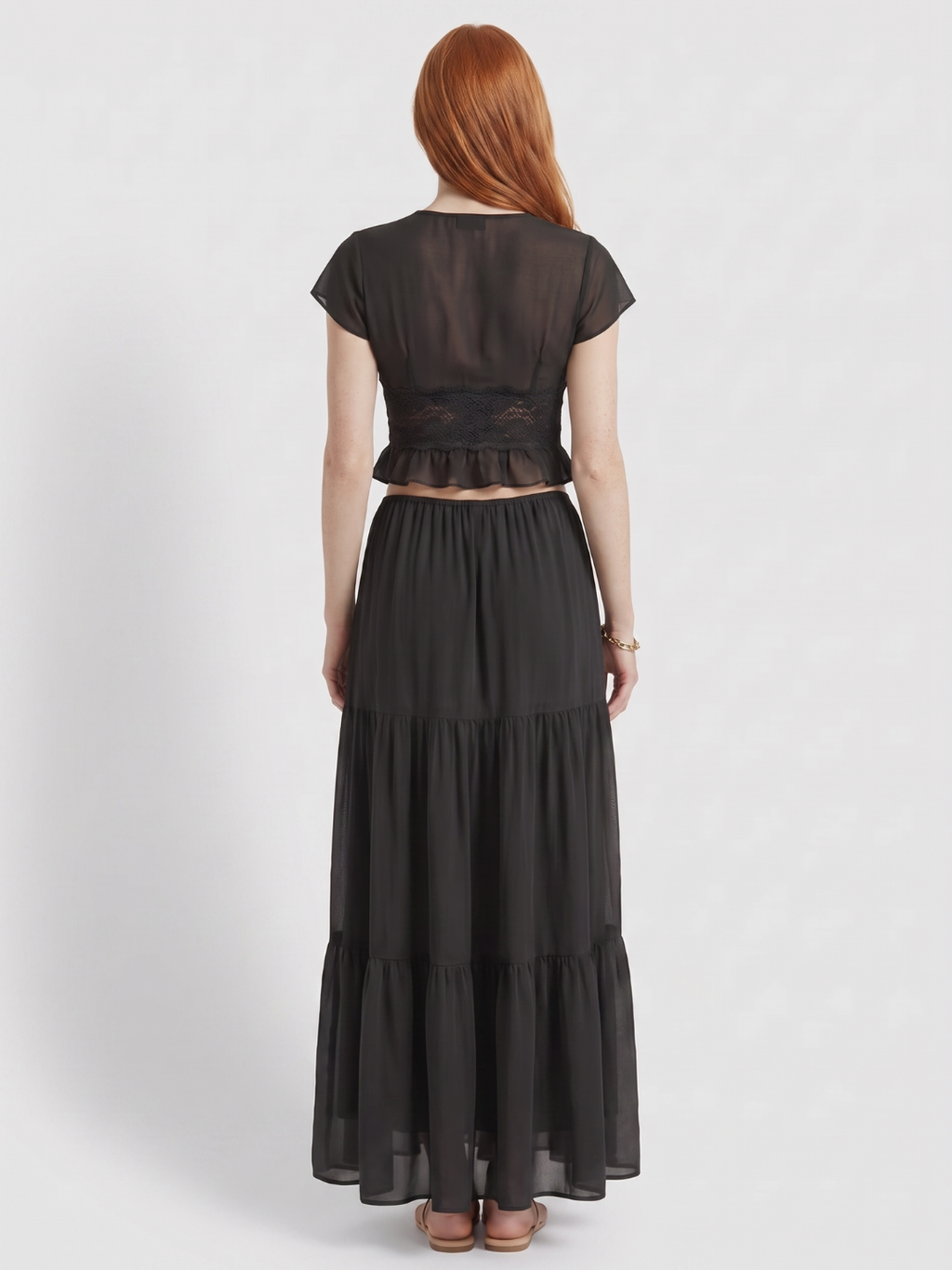 Skylar | Lace Trim Crop Top Tiered Maxi Skirt Set