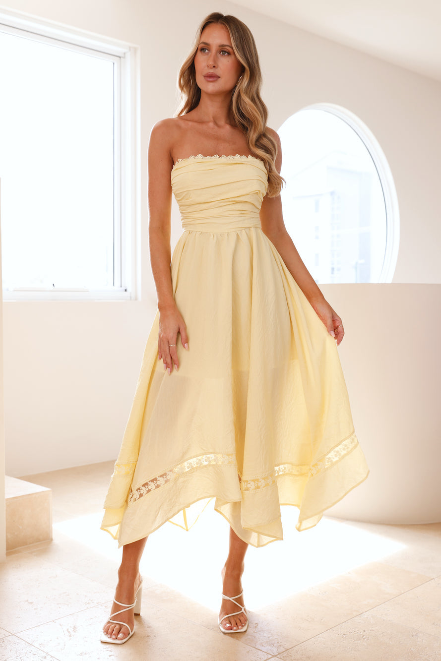 Hope | Strapless Lace Trim Handkerchief Midi Dress