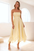 Hope | Strapless Lace Trim Handkerchief Midi Dress