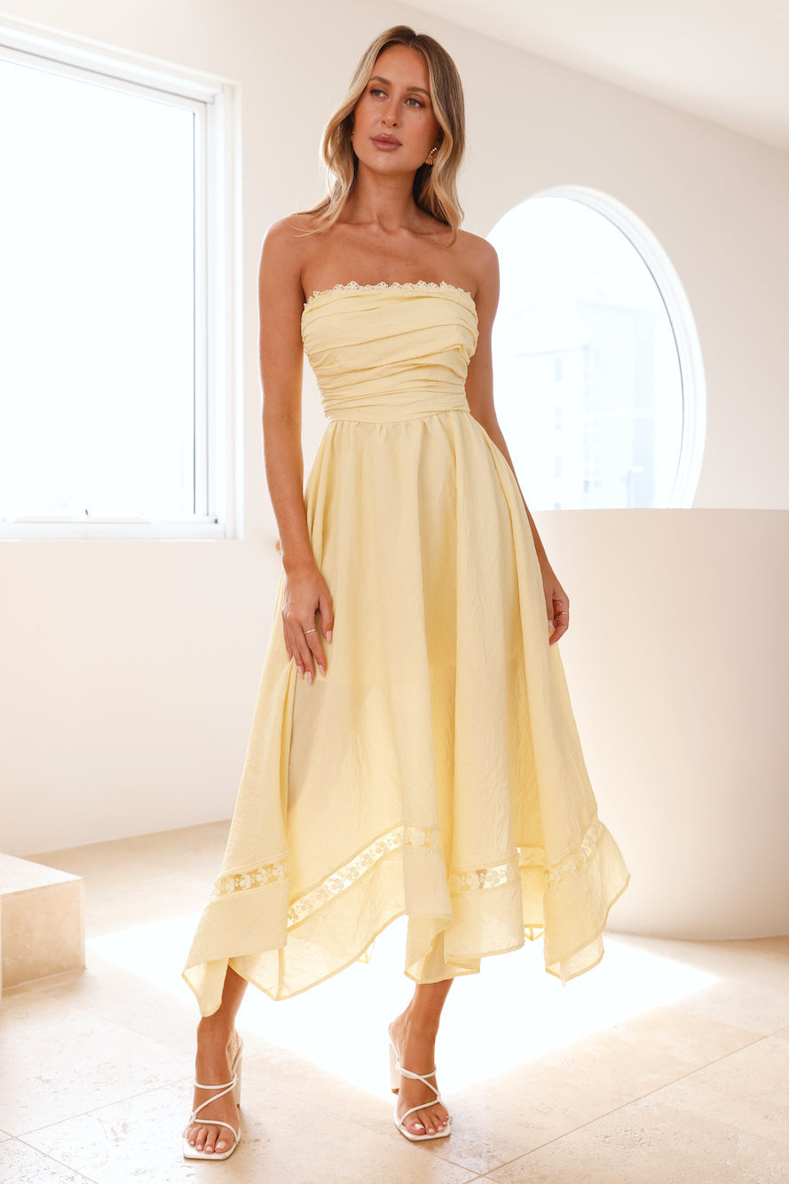 Hope | Strapless Lace Trim Handkerchief Midi Dress