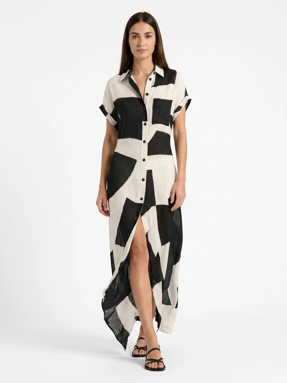 WINONA Women's Geometric Print Button-Front Maxi Shirt Dress