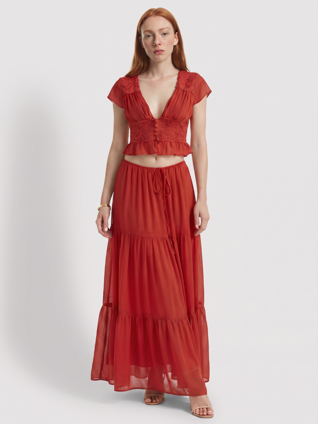 Skylar | Lace Trim Crop Top Tiered Maxi Skirt Set