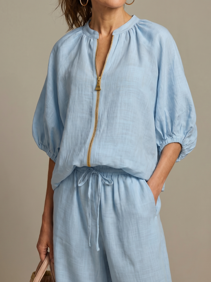 Marlene | Linen Zip-Front Balloon-Sleeve Co-ord Set