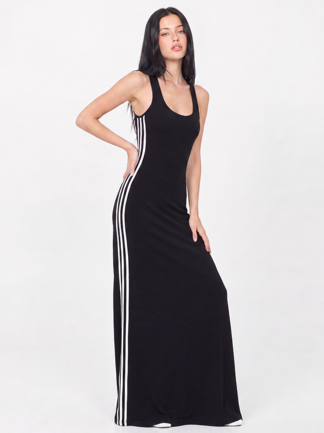 WYNN Women's Side-Stripe Racerback Bodycon Tank Maxi Dress