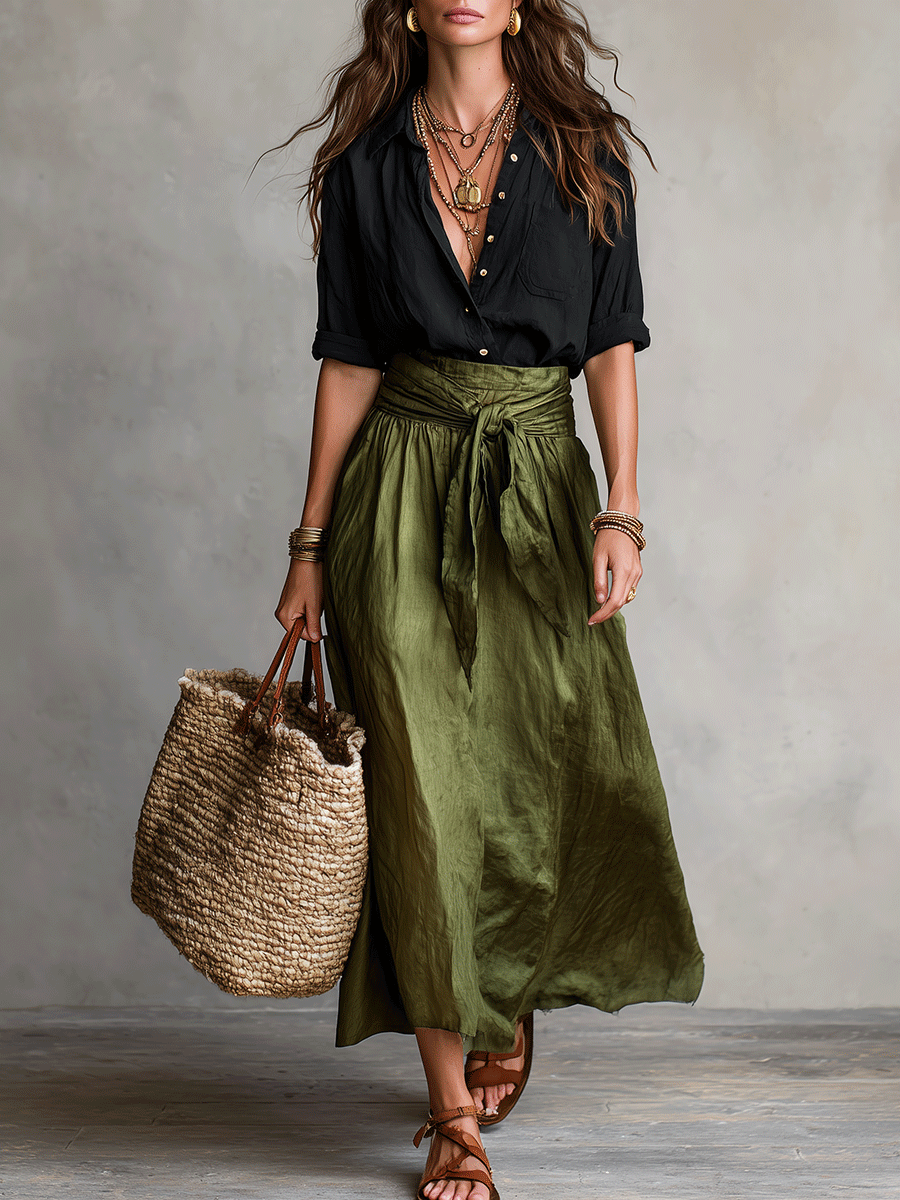 Tilly | Button-Up Top Tie-Waist Skirt Co-ord Set
