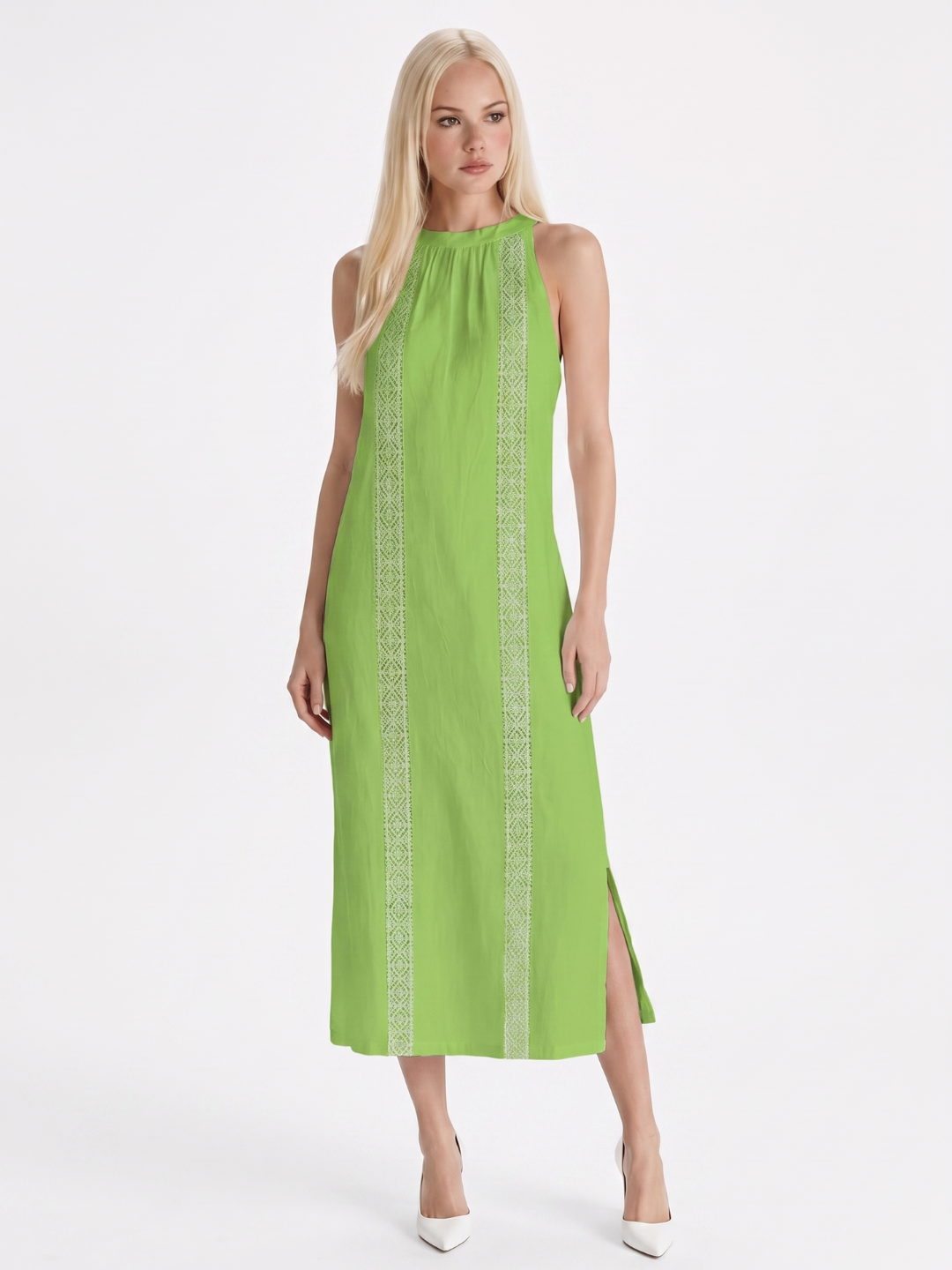 OPHELIE Women's Sleeveless Embroidered Mandarin Collar Midi Dress