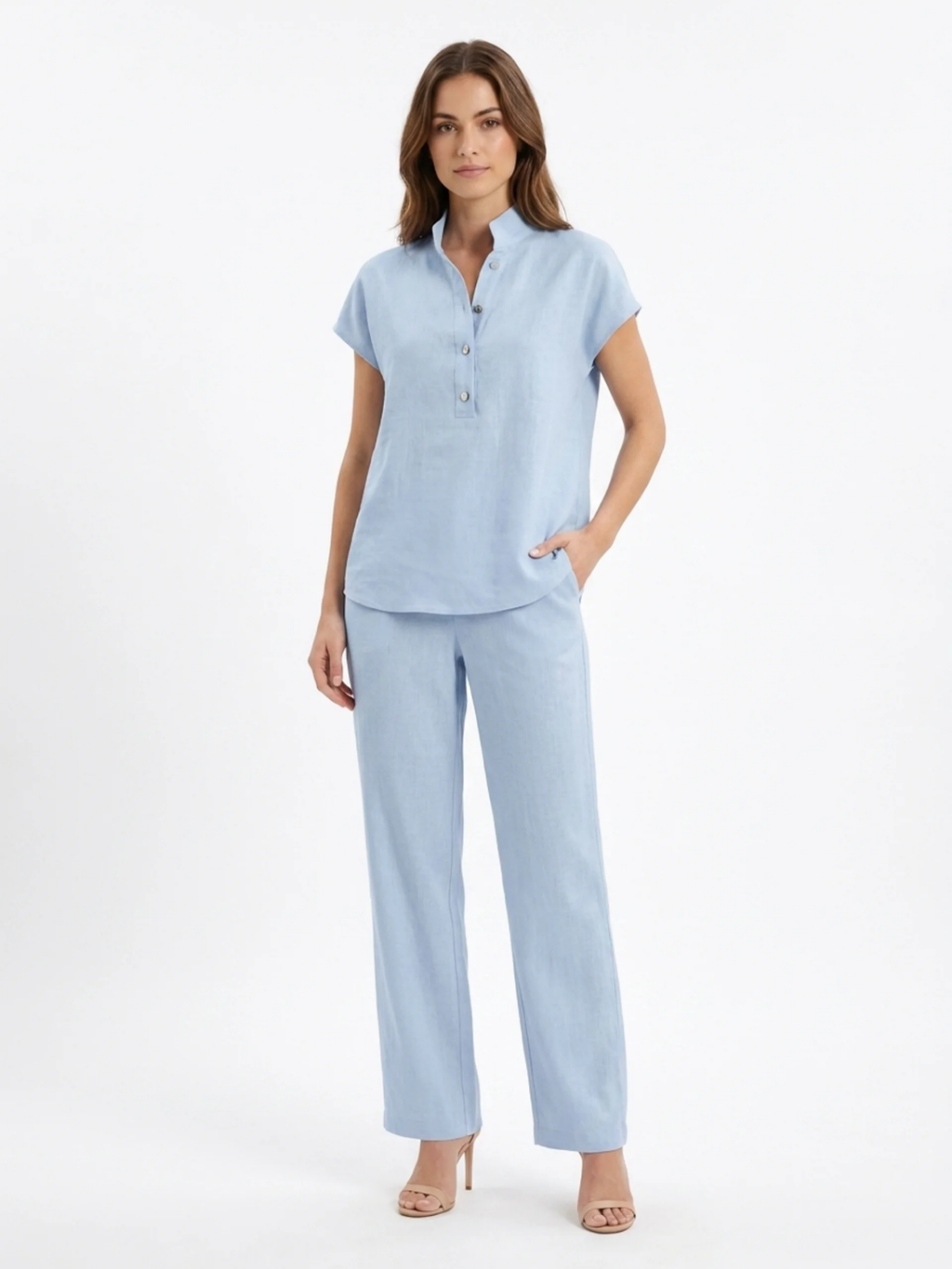 NERISSA Women's Short Sleeve Linen Top and Wide Leg Trouser Set