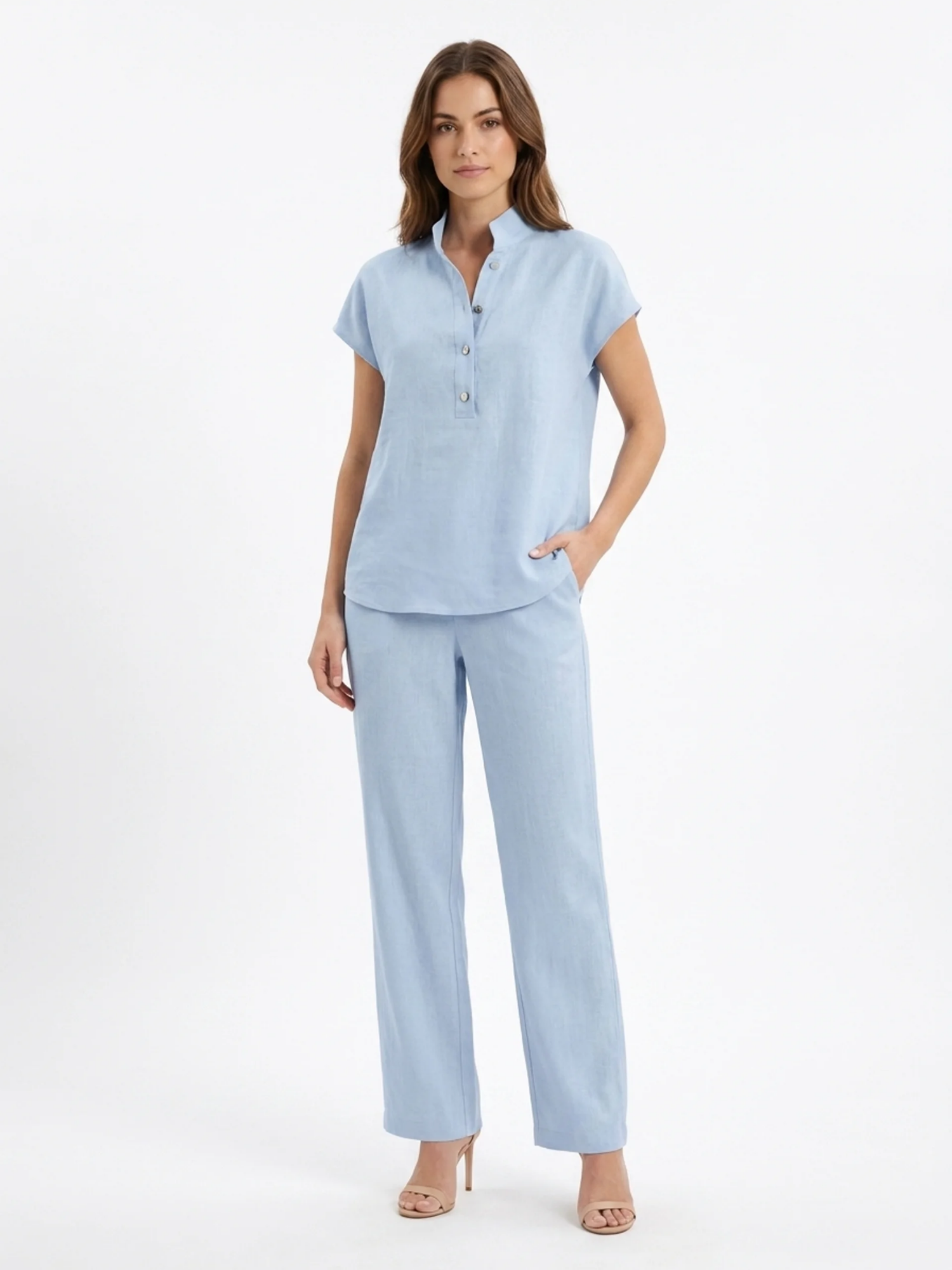 NERISSA Women's Short Sleeve Linen Top and Wide Leg Trouser Set