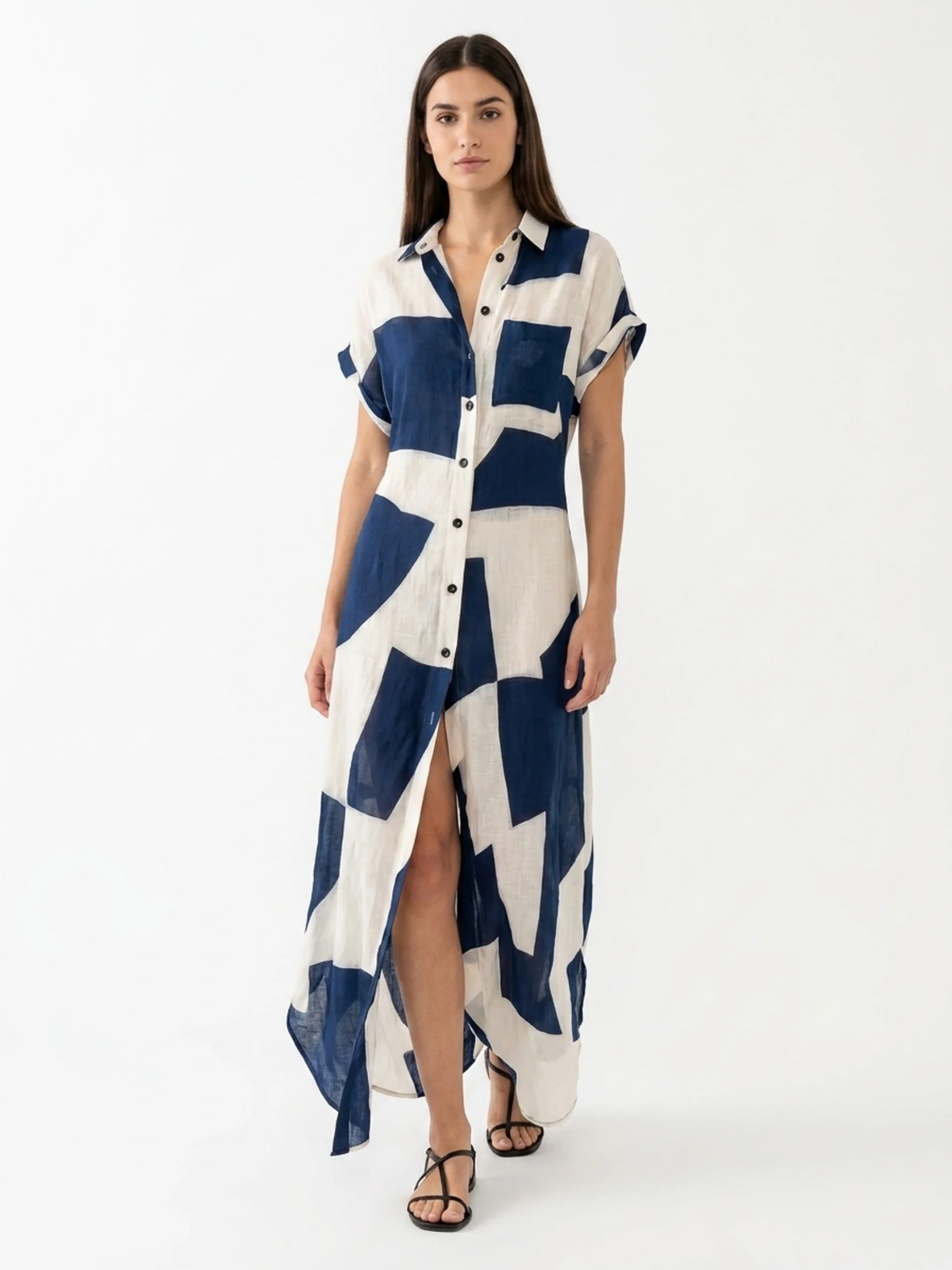 WINONA Women's Geometric Print Button-Front Maxi Shirt Dress