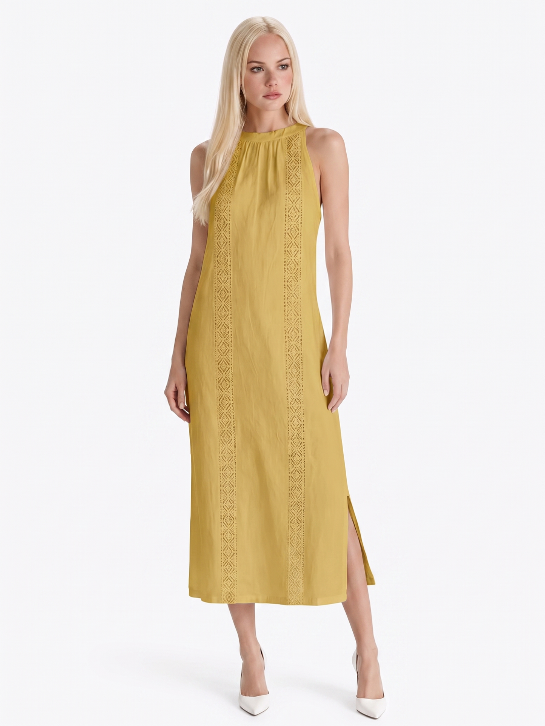 OPHELIE Women's Sleeveless Embroidered Mandarin Collar Midi Dress