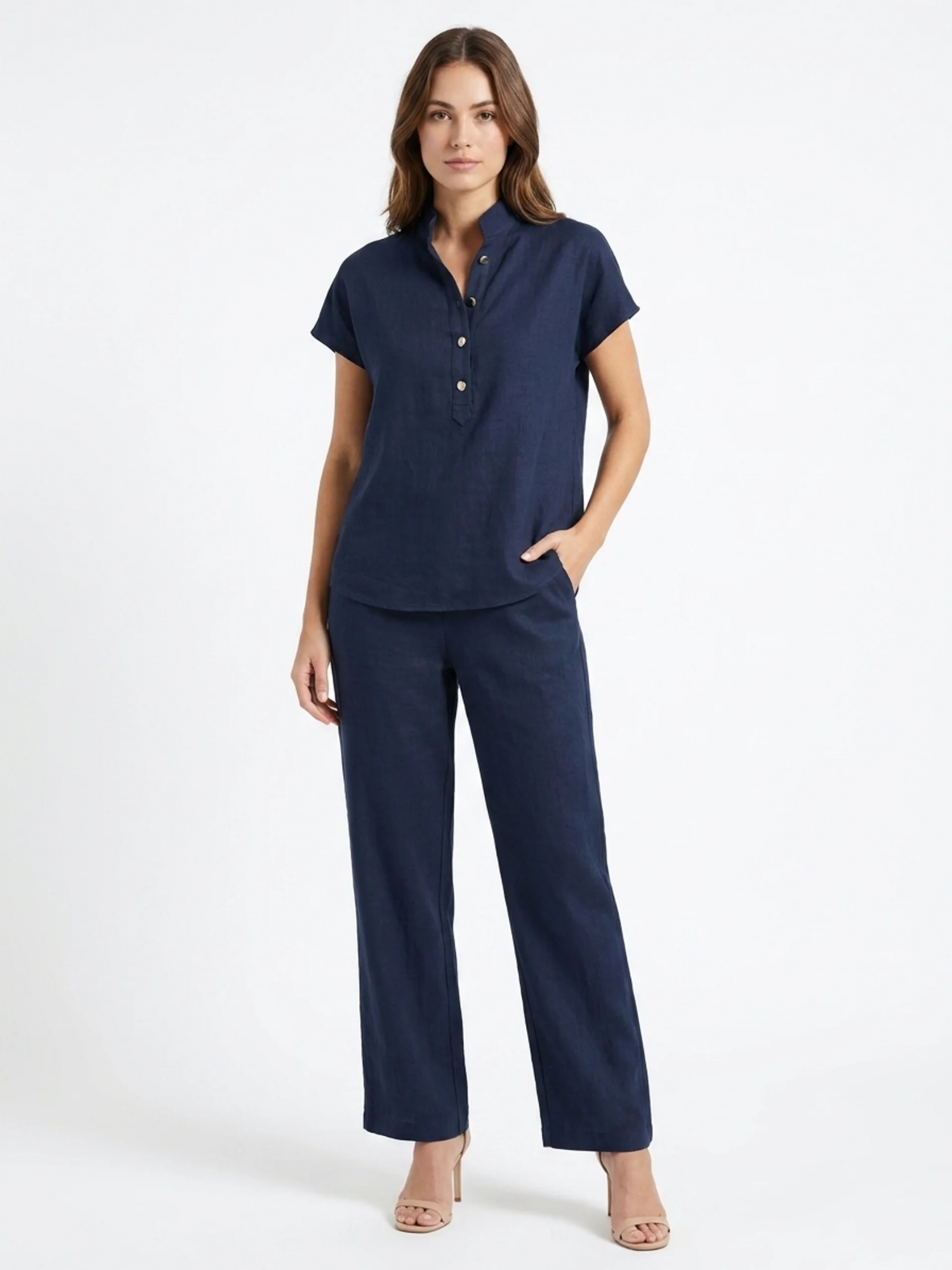 NERISSA Women's Short Sleeve Linen Top and Wide Leg Trouser Set