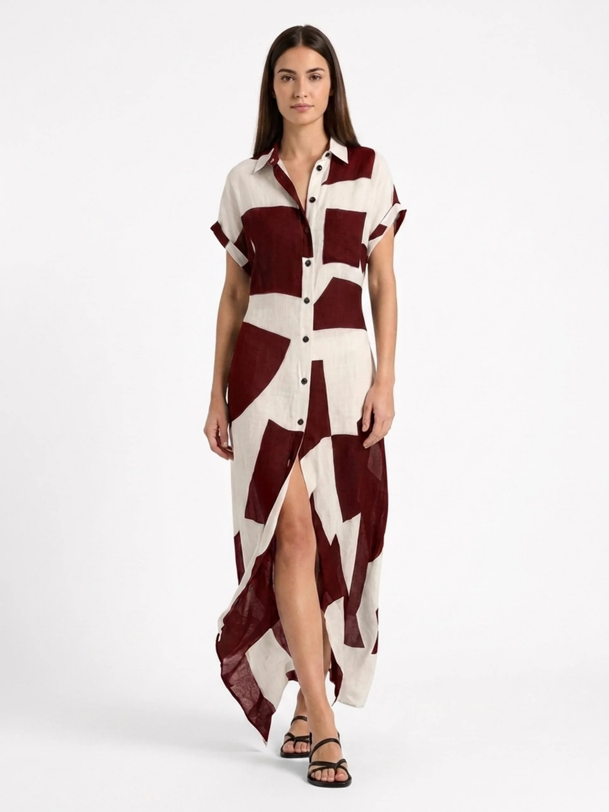 WINONA Women's Geometric Print Button-Front Maxi Shirt Dress