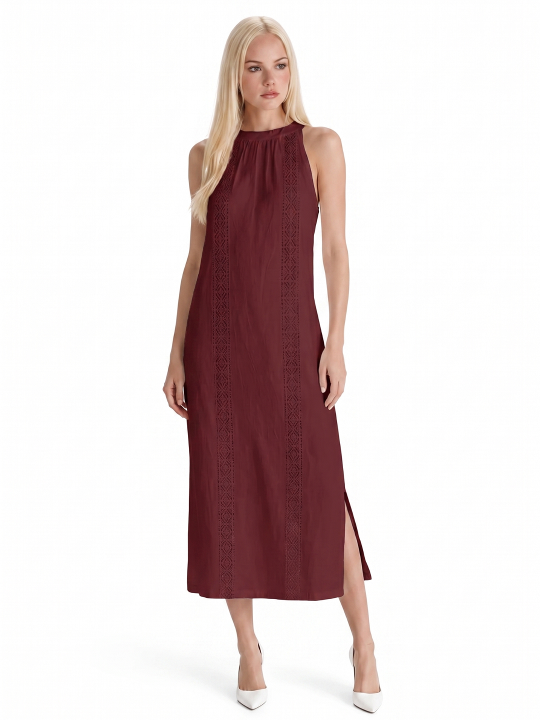 OPHELIE Women's Sleeveless Embroidered Mandarin Collar Midi Dress