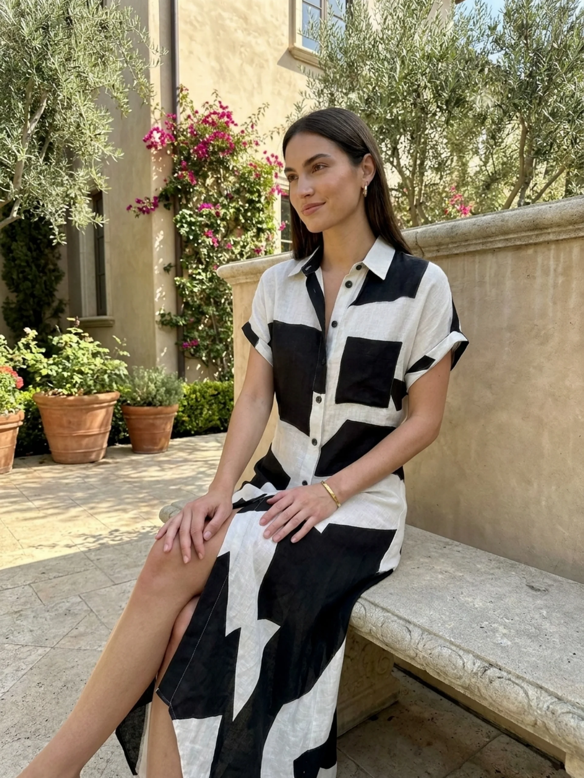 WINONA Women's Geometric Print Button-Front Maxi Shirt Dress