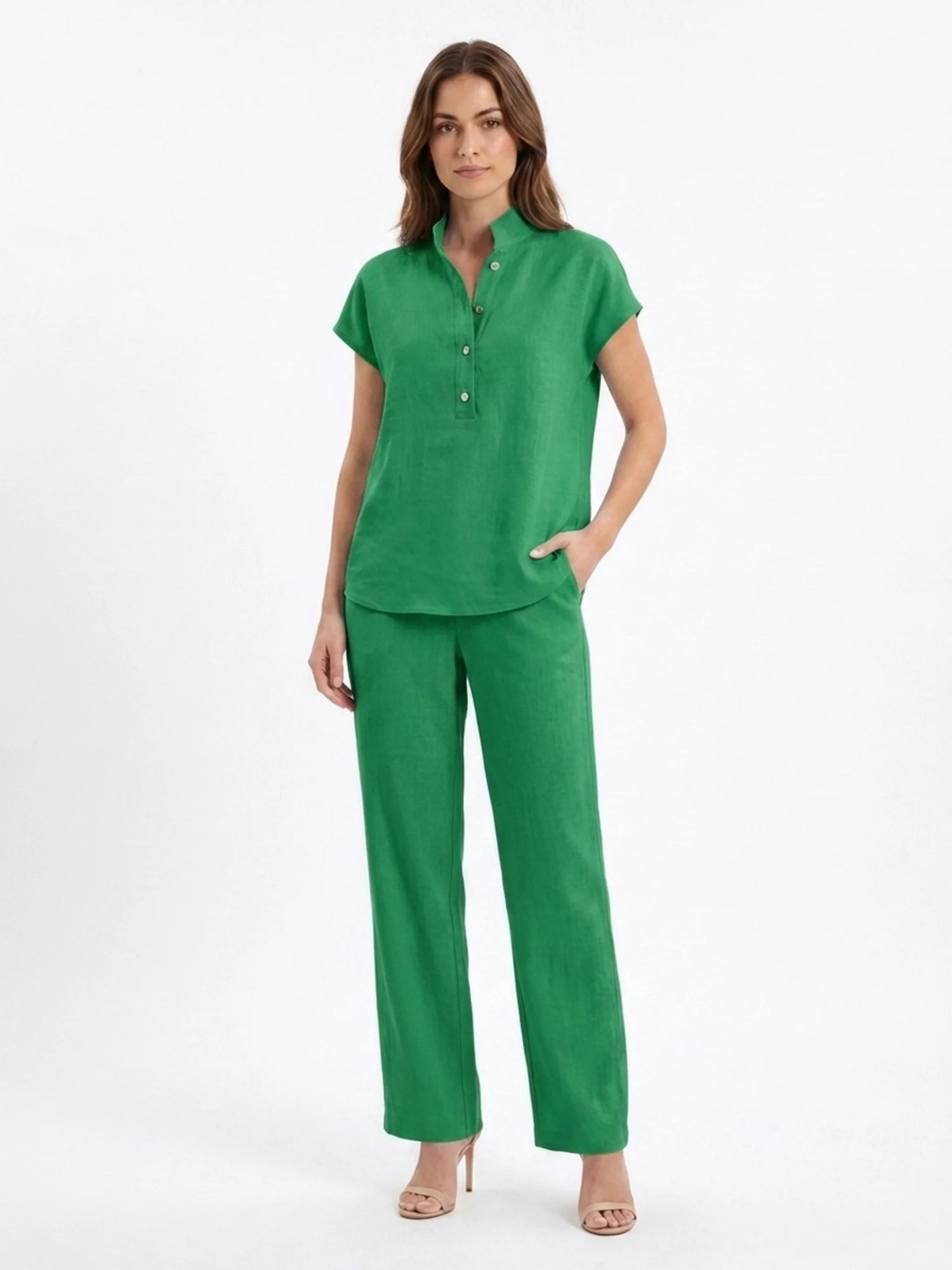 NERISSA Women's Short Sleeve Linen Top and Wide Leg Trouser Set
