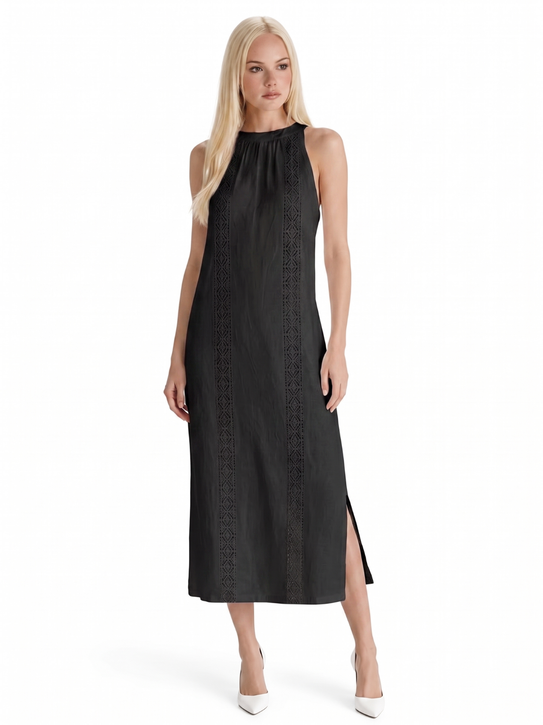 OPHELIE Women's Sleeveless Embroidered Mandarin Collar Midi Dress