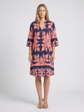 Aaliyah | Damask Print Split Neck Shift Midi Dress