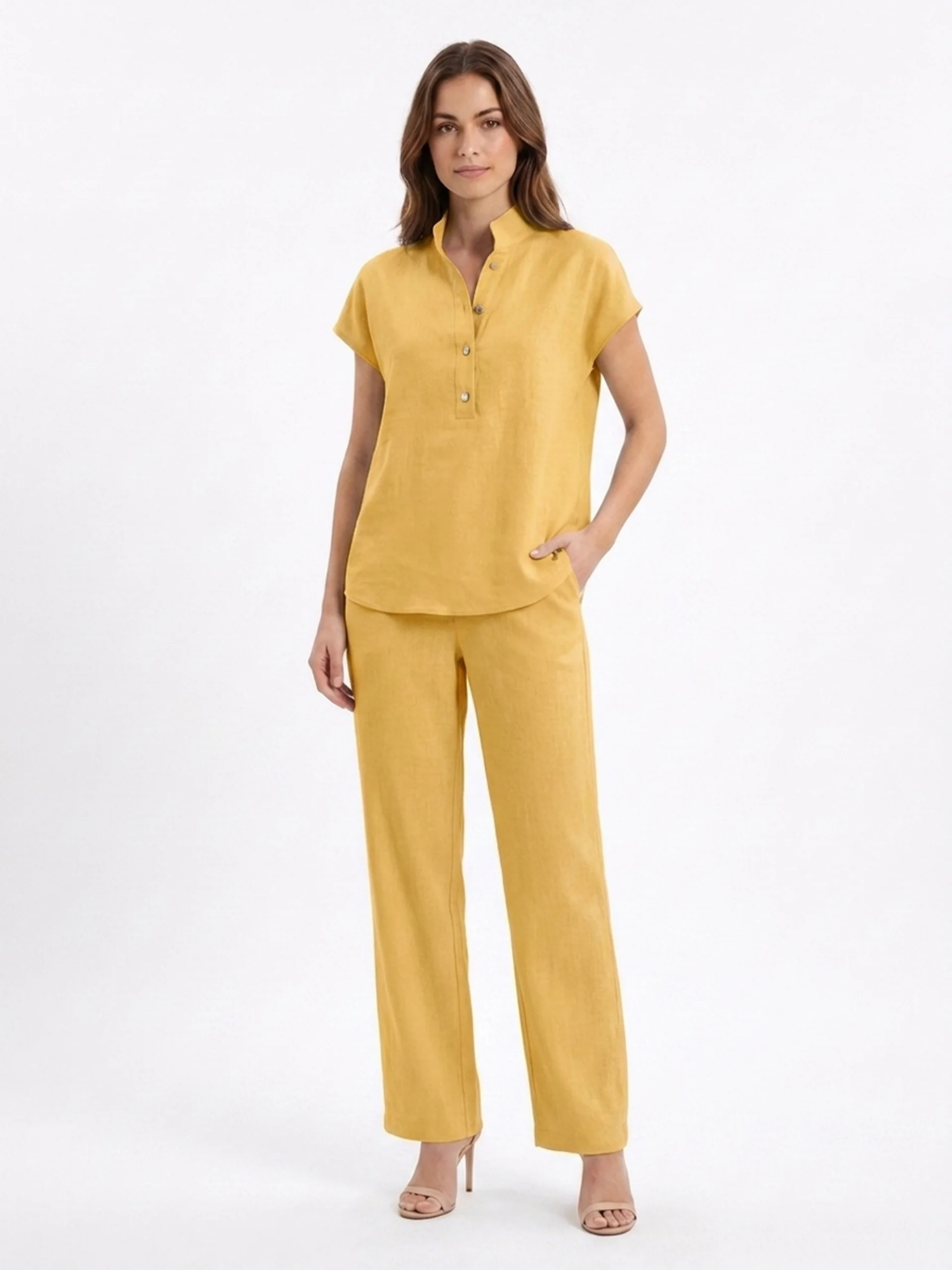 NERISSA Women's Short Sleeve Linen Top and Wide Leg Trouser Set