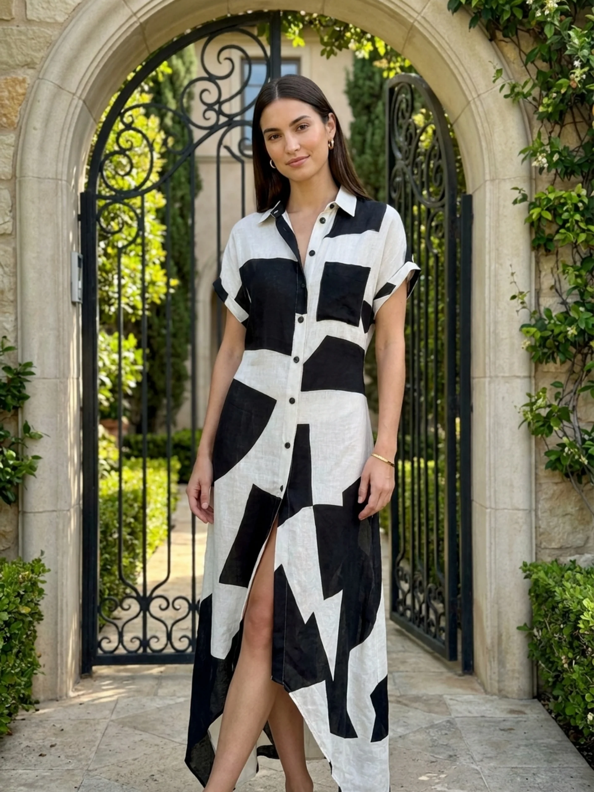 WINONA Women's Geometric Print Button-Front Maxi Shirt Dress