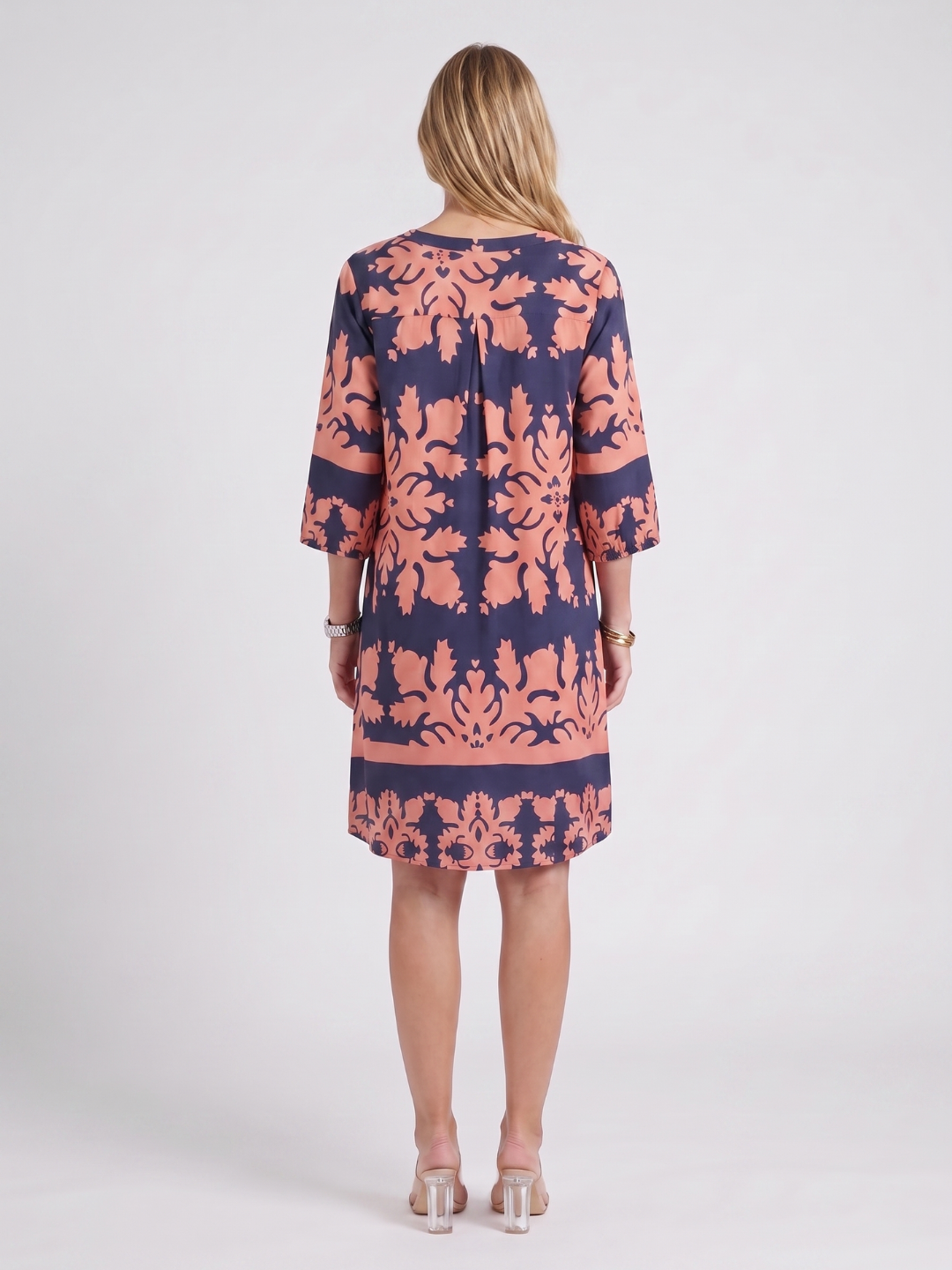 Aaliyah | Damask Print Split Neck Shift Midi Dress
