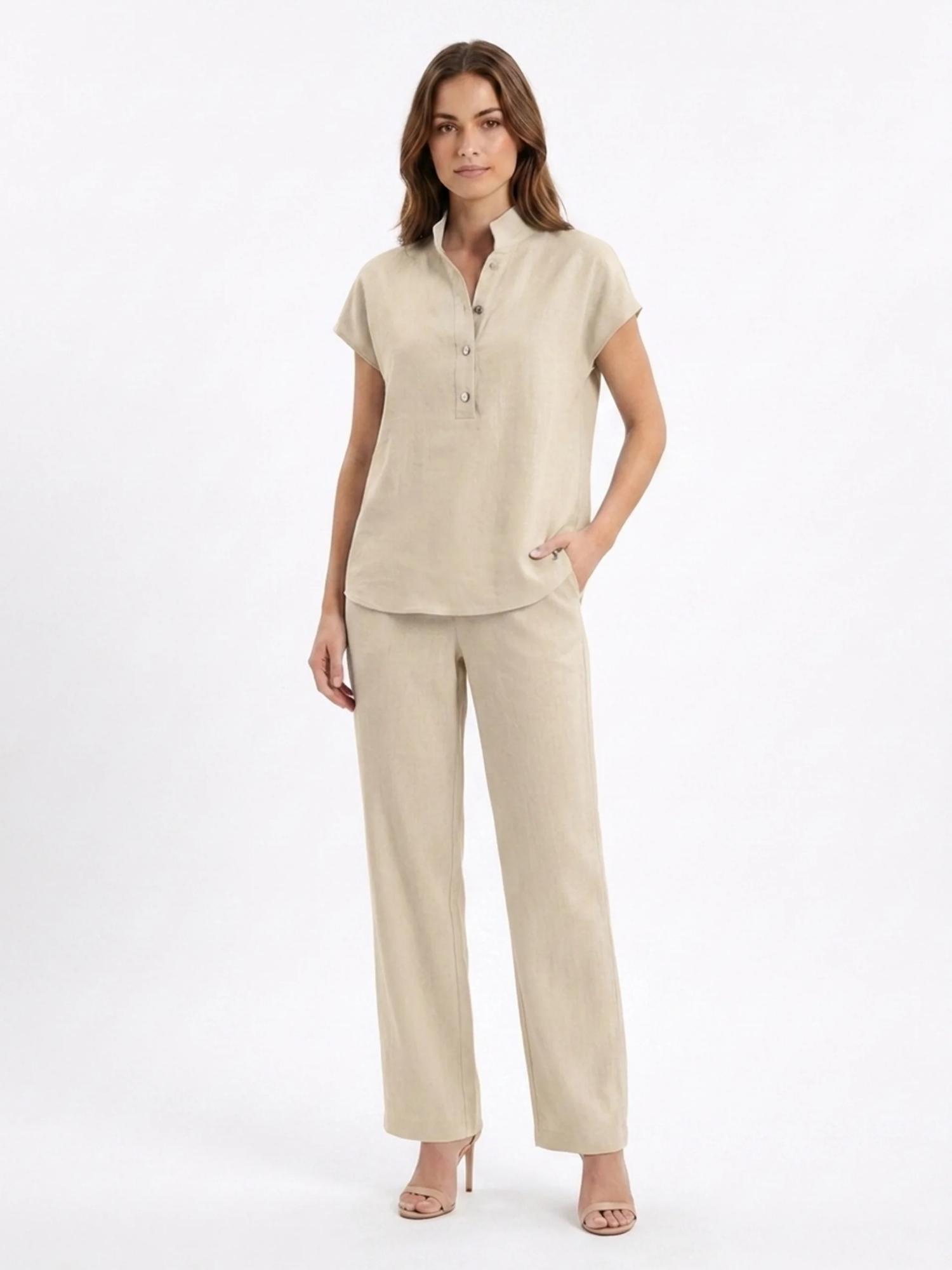 NERISSA Women's Short Sleeve Linen Top and Wide Leg Trouser Set