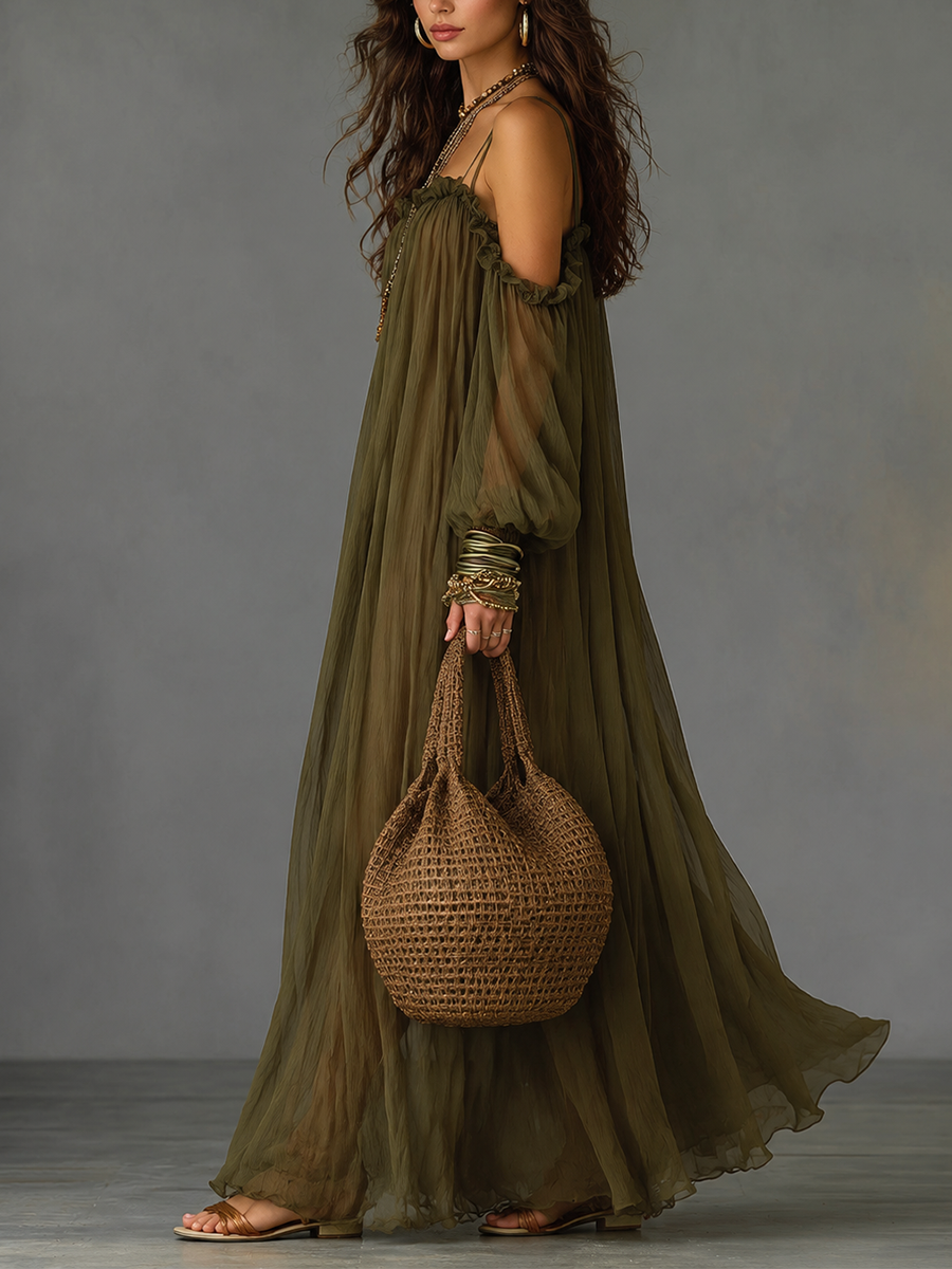 Cleo | Cold-Shoulder Bishop Sleeve Maxi Dress