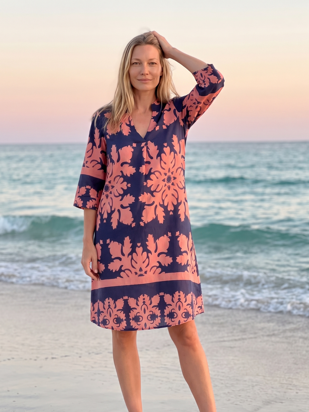 Aaliyah | Damask Print Split Neck Shift Midi Dress