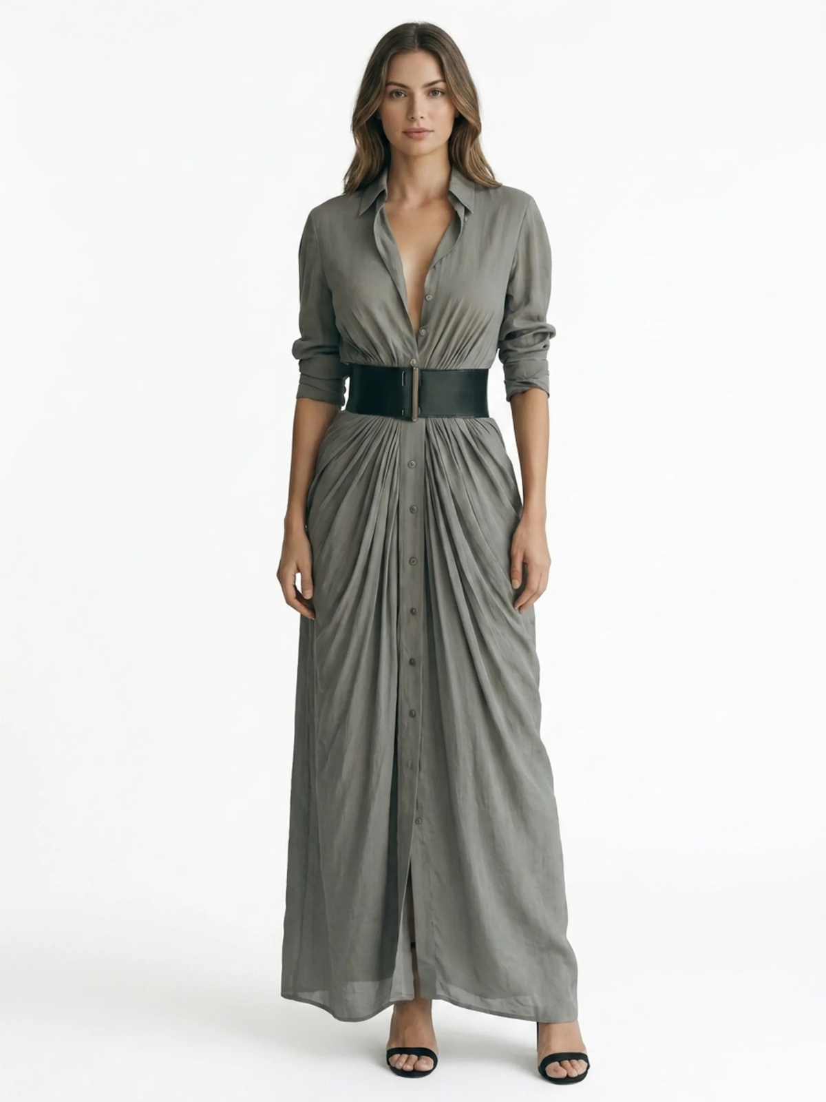 YARA Women's Pleated Belted Button-Front Maxi Shirt Dress