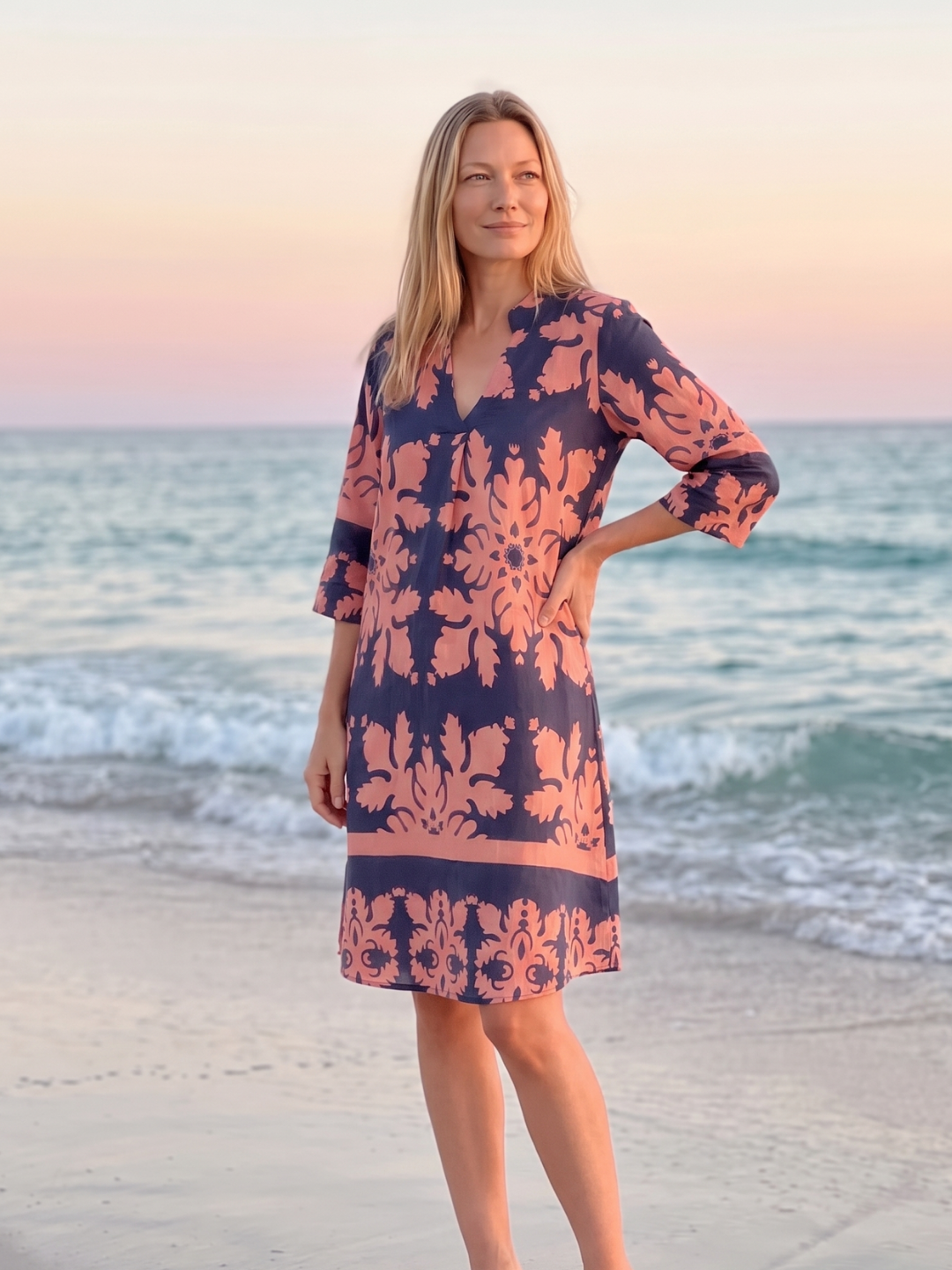 Aaliyah | Damask Print Split Neck Shift Midi Dress