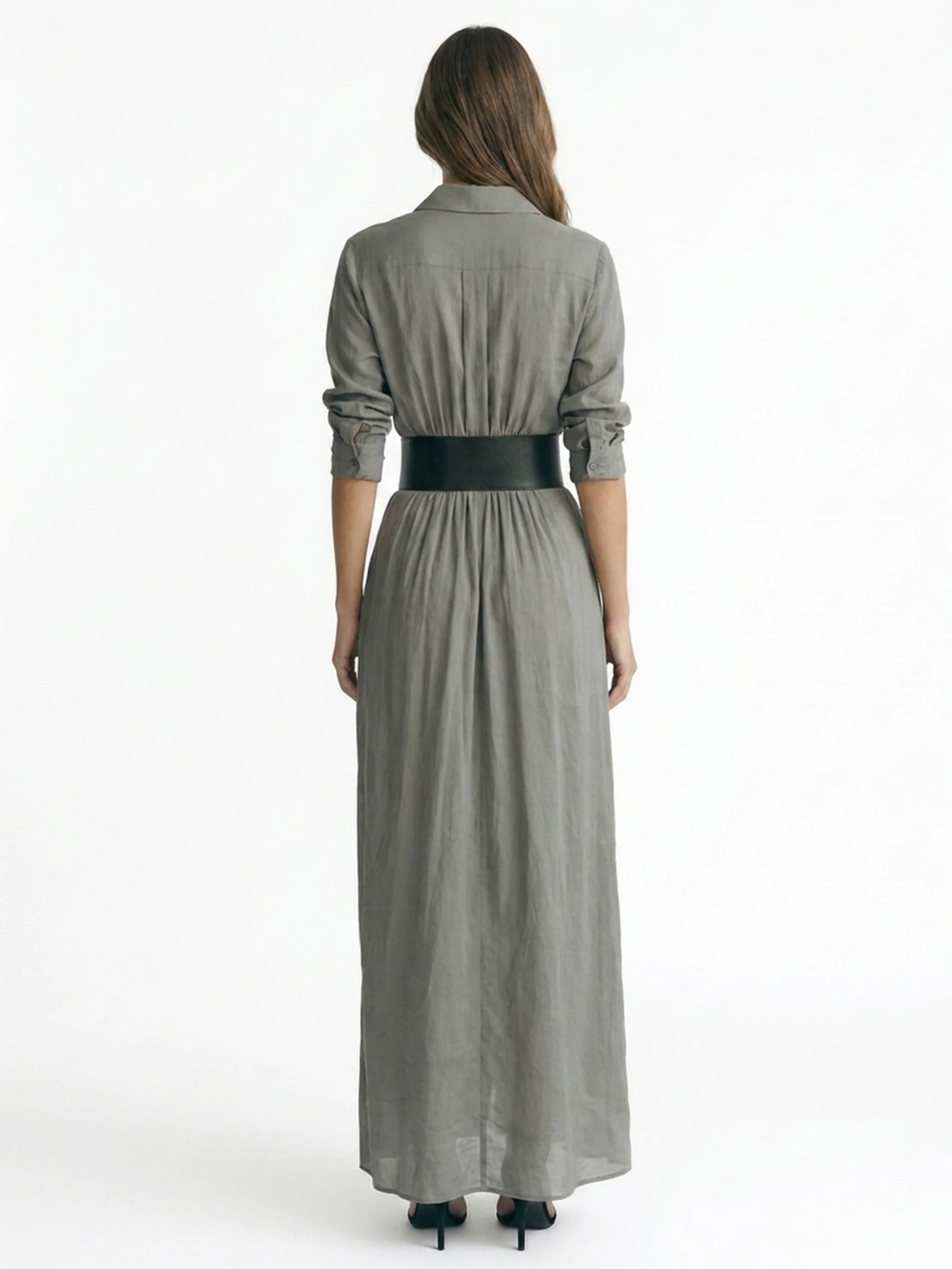 YARA Women's Pleated Belted Button-Front Maxi Shirt Dress