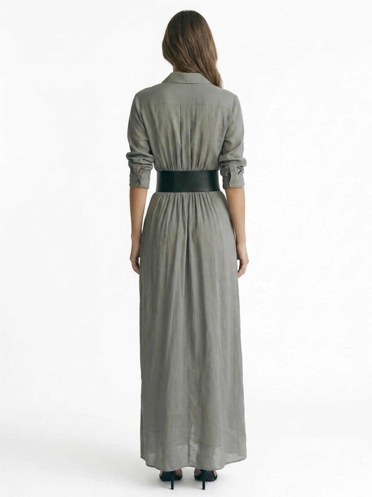 YARA Women's Pleated Belted Button-Front Maxi Shirt Dress