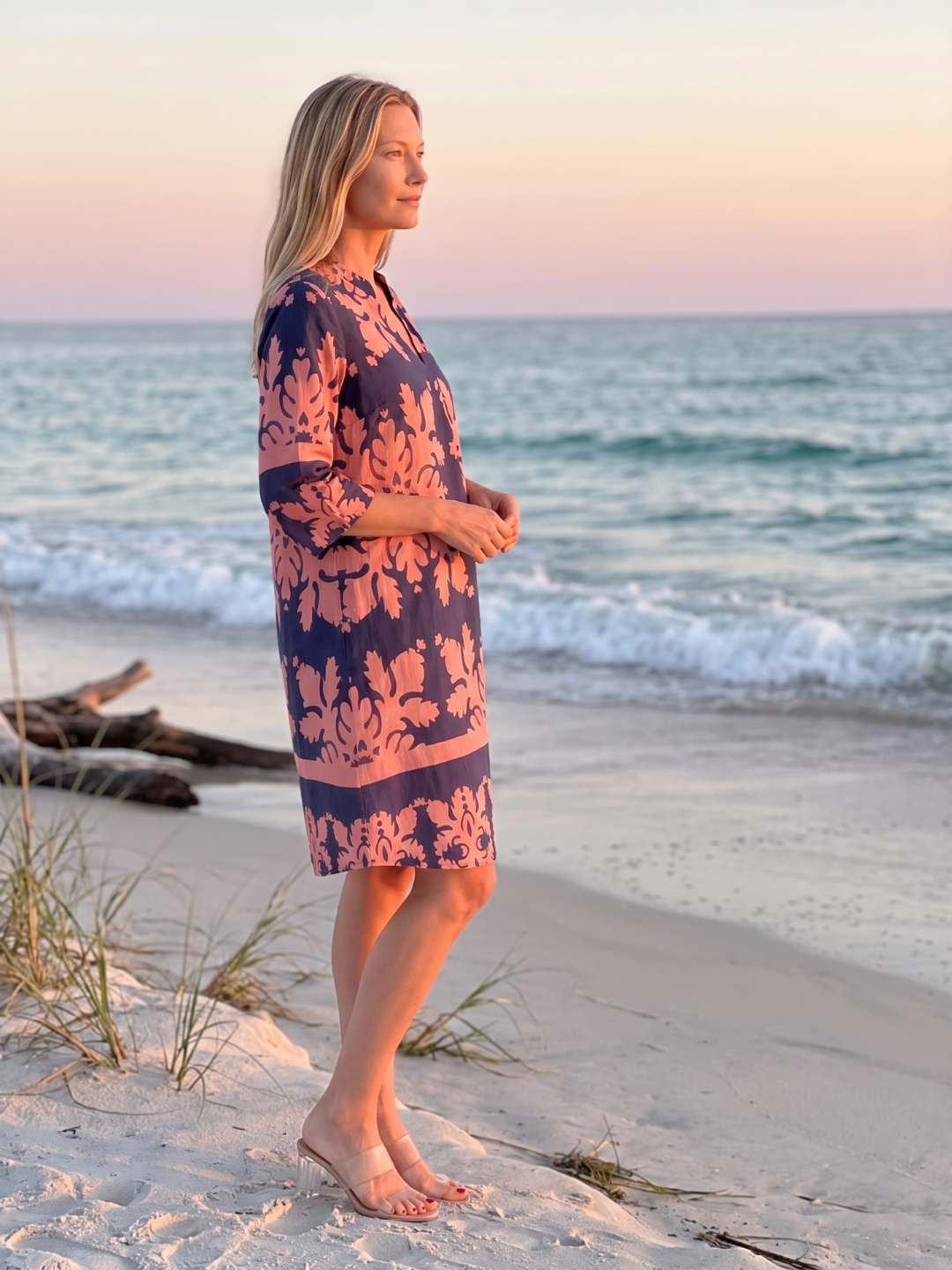 Aaliyah | Damask Print Split Neck Shift Midi Dress
